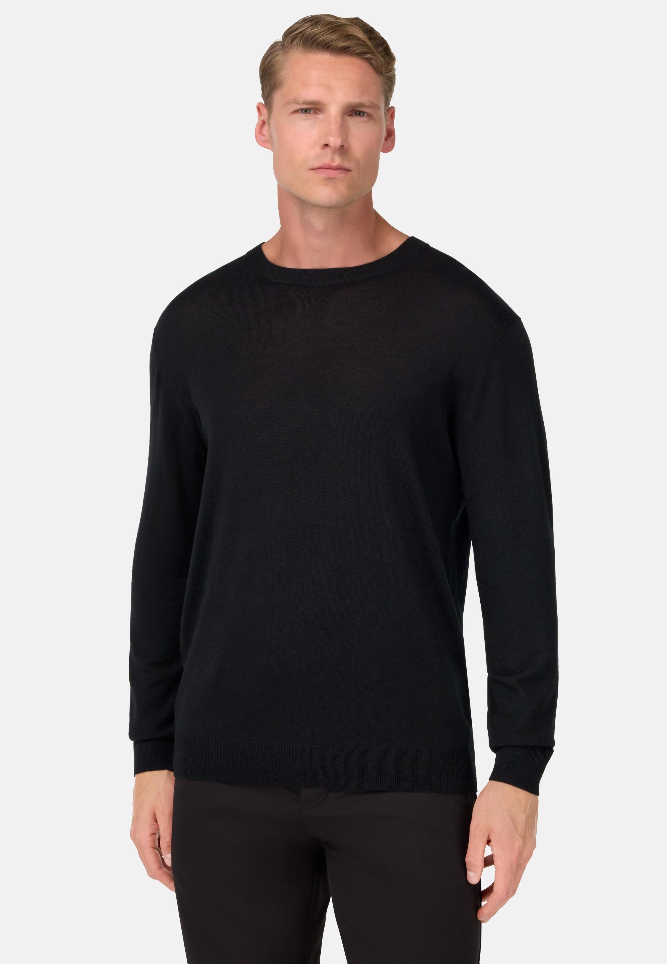 Super Fine Merino Wool Crew Neck Jumper Black, Black, medium