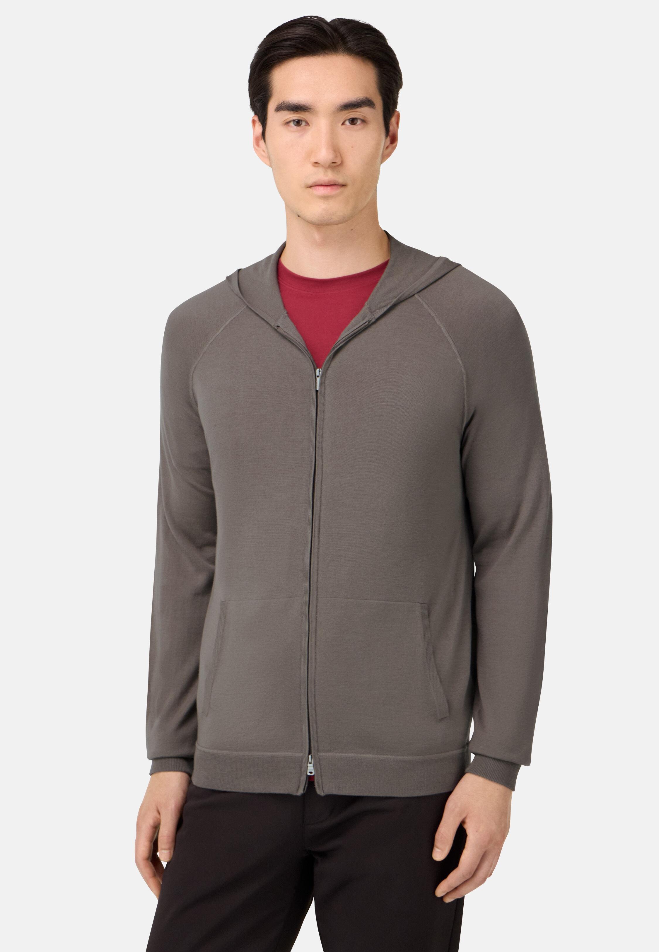 Merino Wool Full Zip Hoodie Brown, Taupe, medium