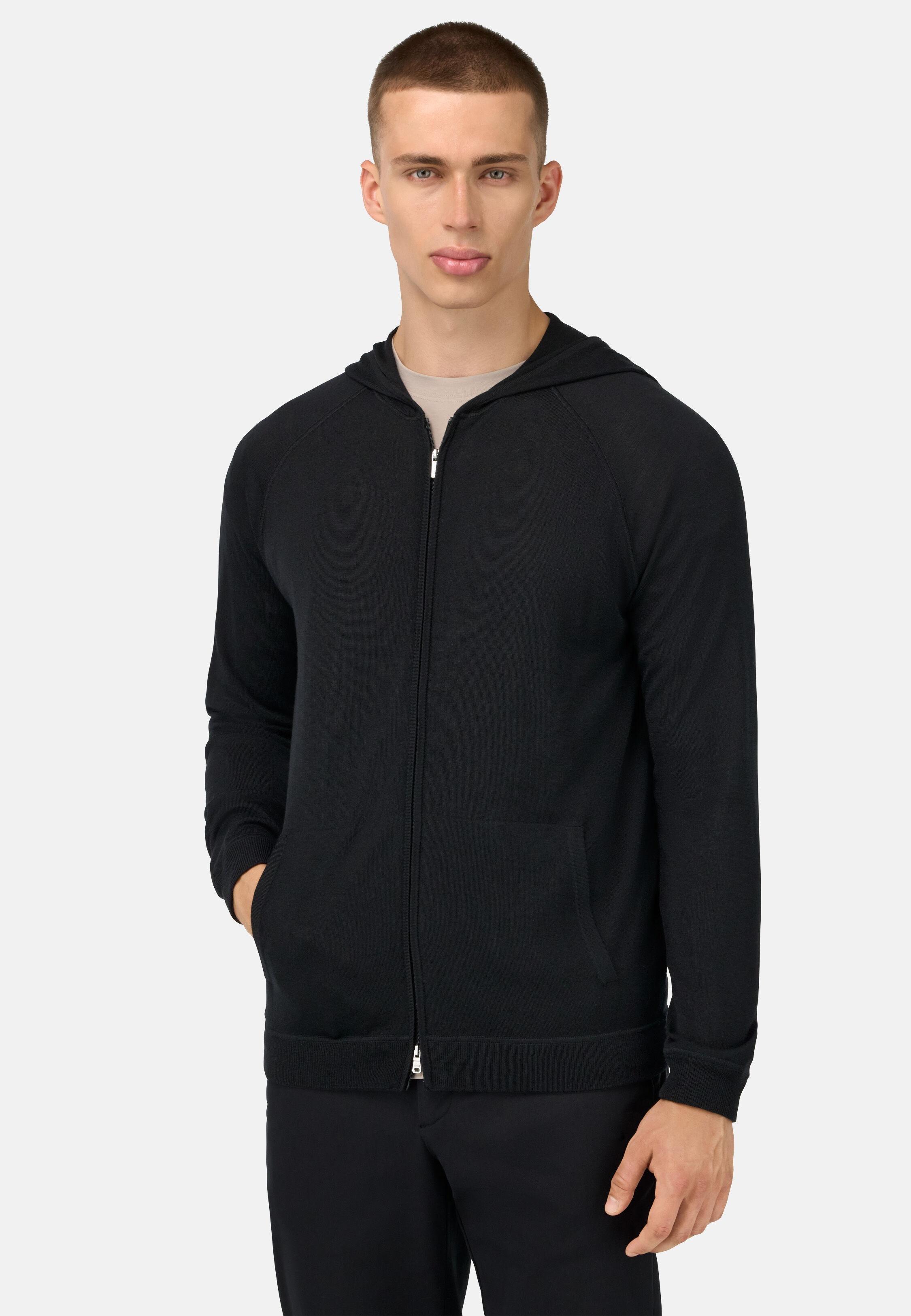 Merino Wool Full Zip Hoodie Black, Black, medium