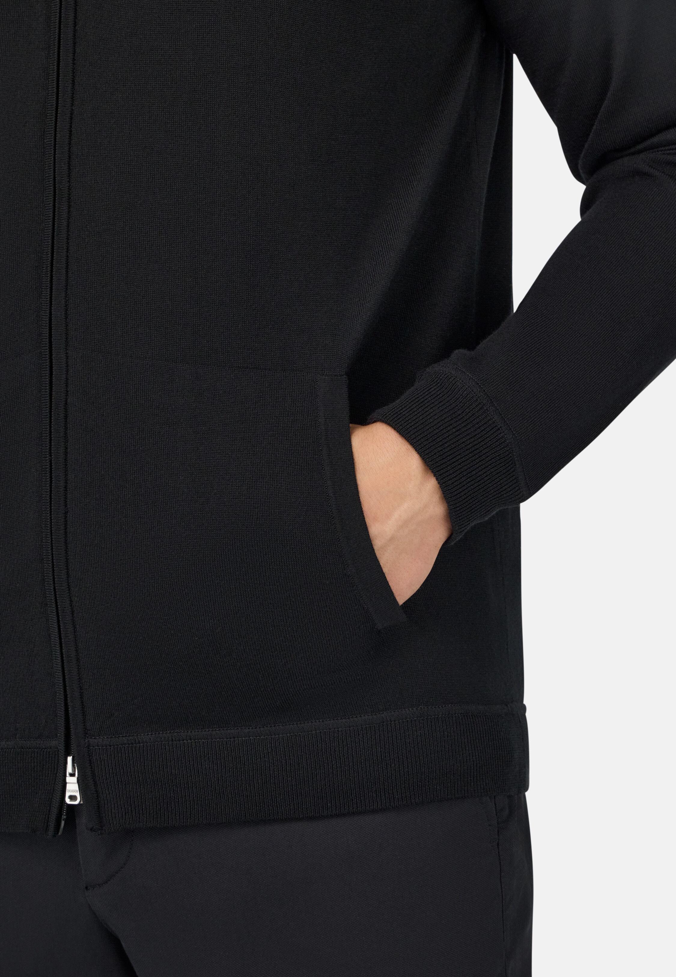 Merino Wool Full Zip Hoodie Black, Black, medium