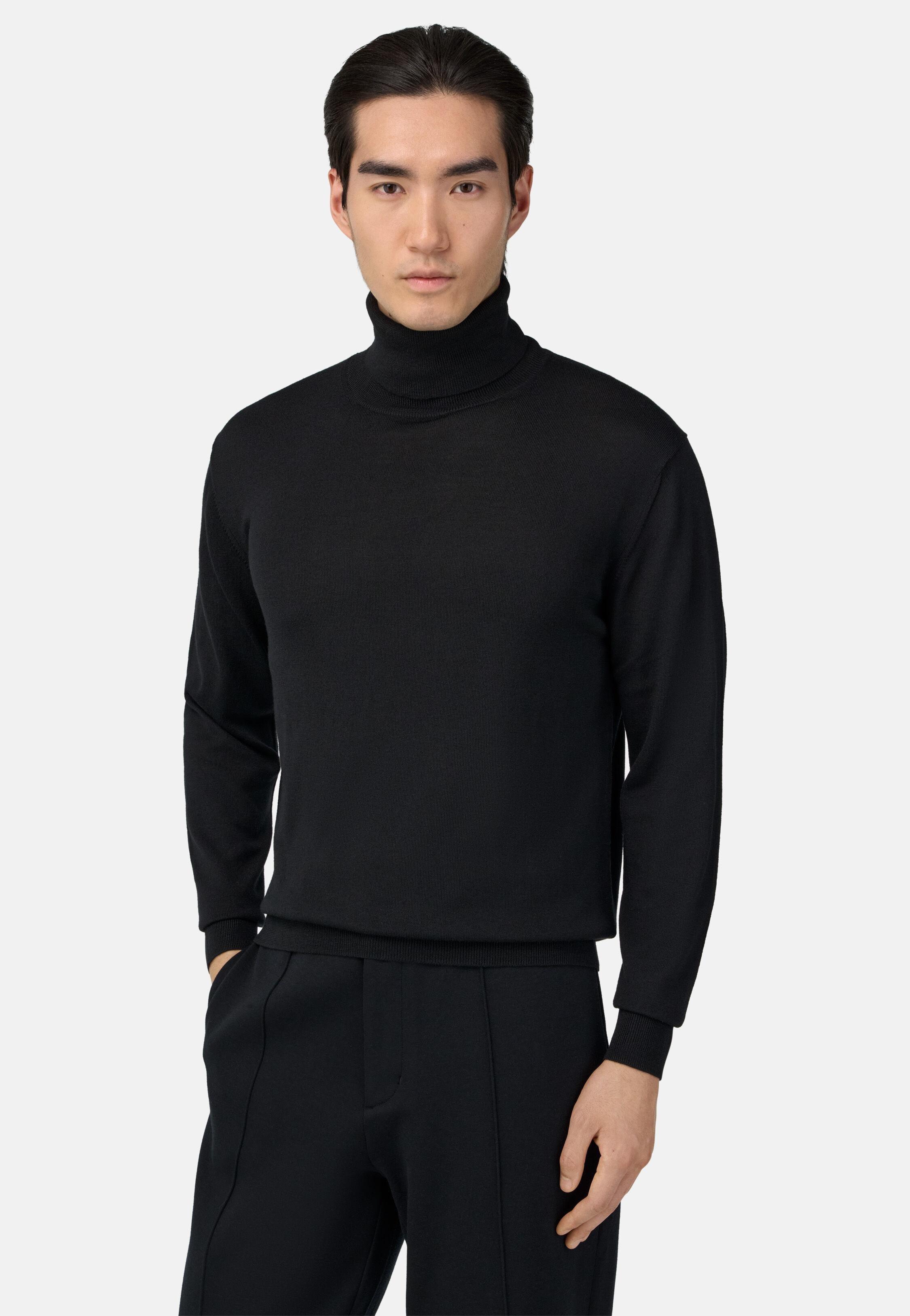 Merino Wool Polo Neck Jumper Black, Black, medium
