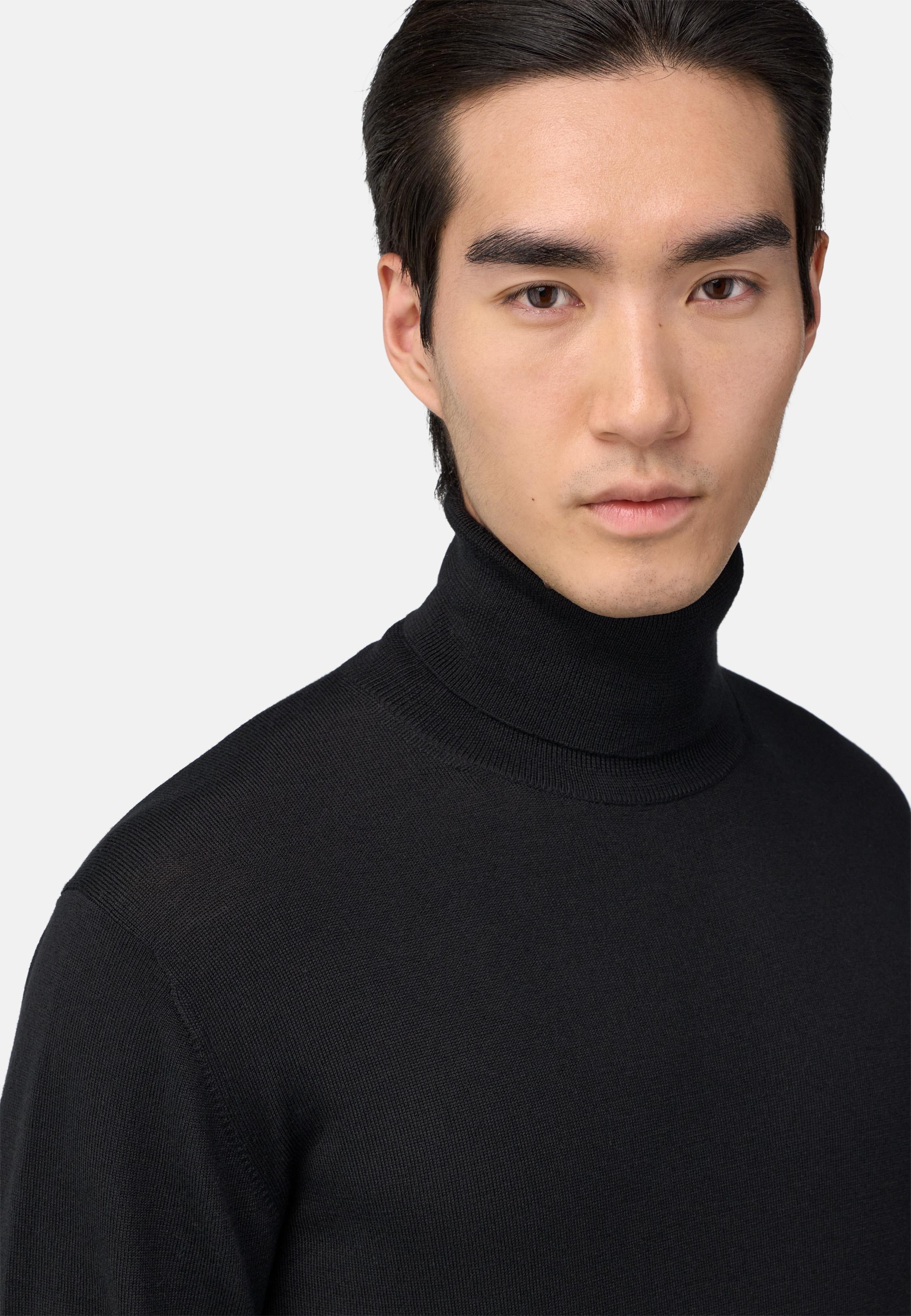 Merino Wool Polo Neck Jumper Black, Black, large image number 2