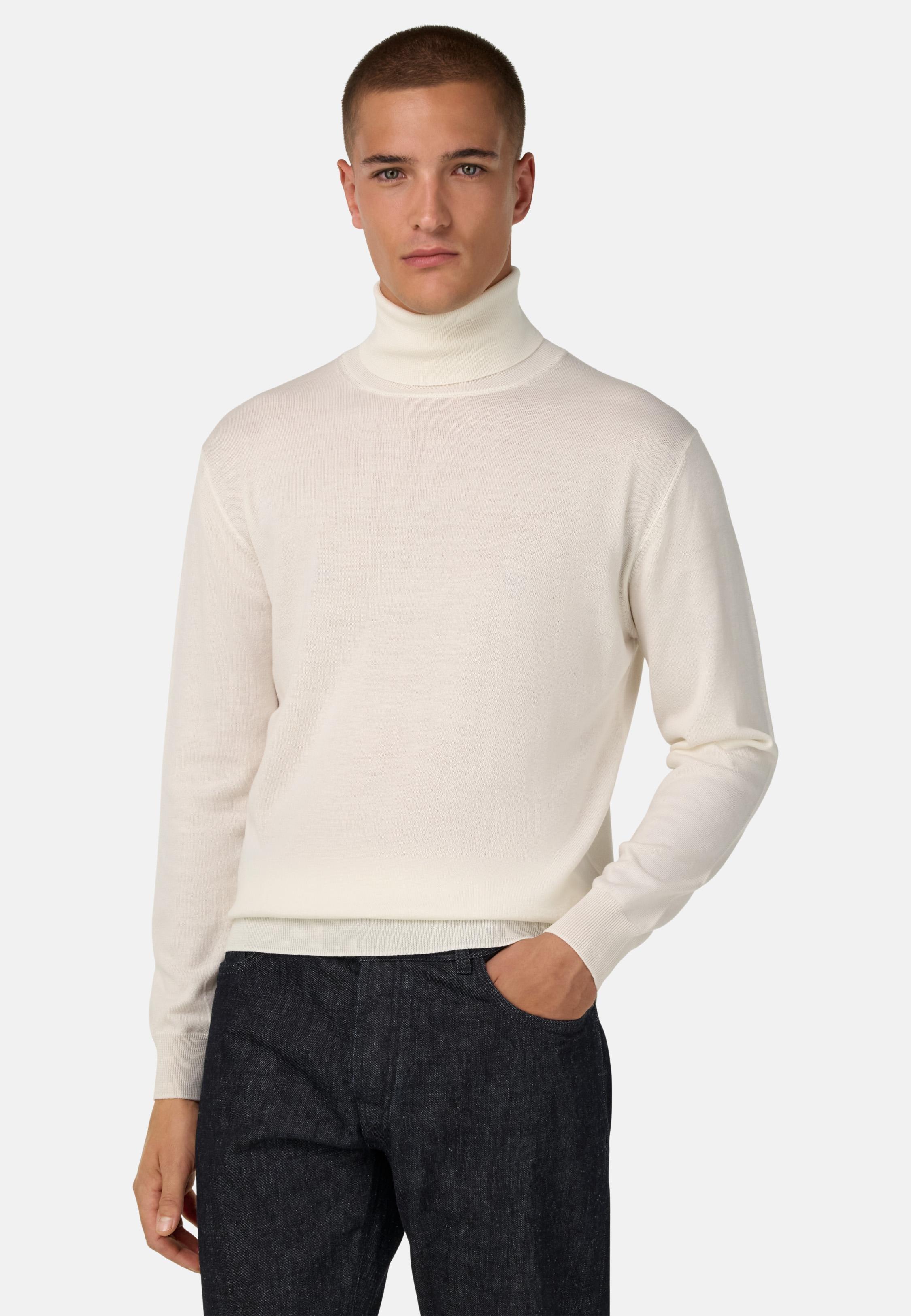 Merino Wool Polo Neck Jumper White, White, medium