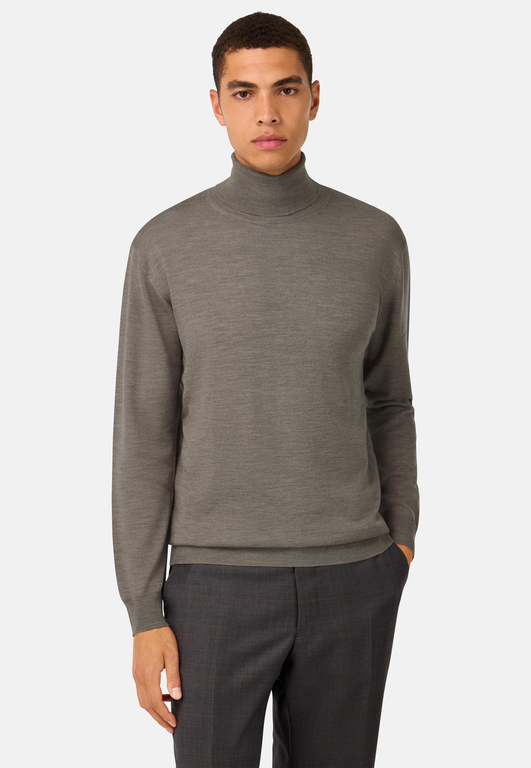 Merino Wool Polo Neck Jumper Brown, Taupe, medium