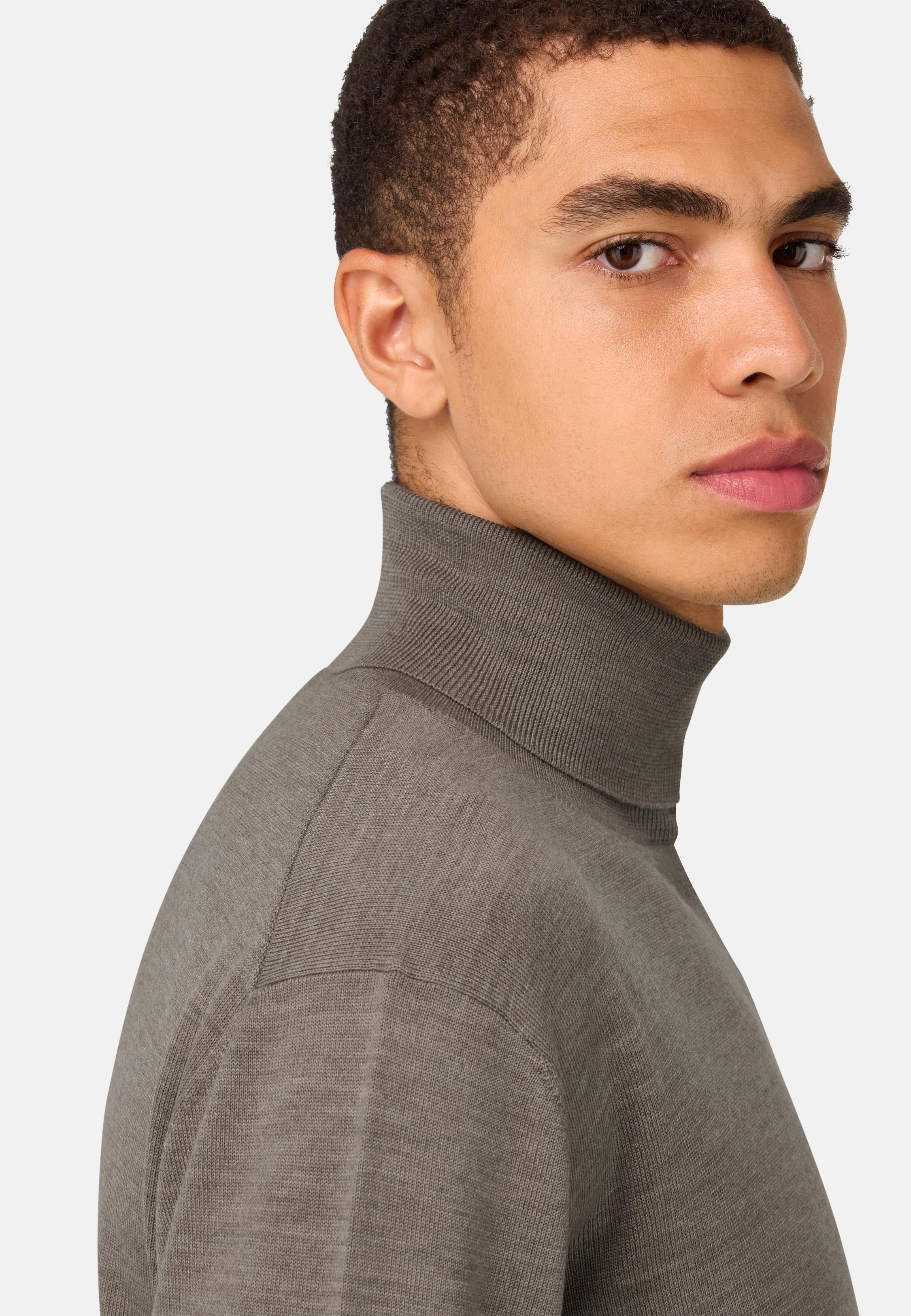 Merino Wool Polo Neck Jumper Brown, Taupe, medium