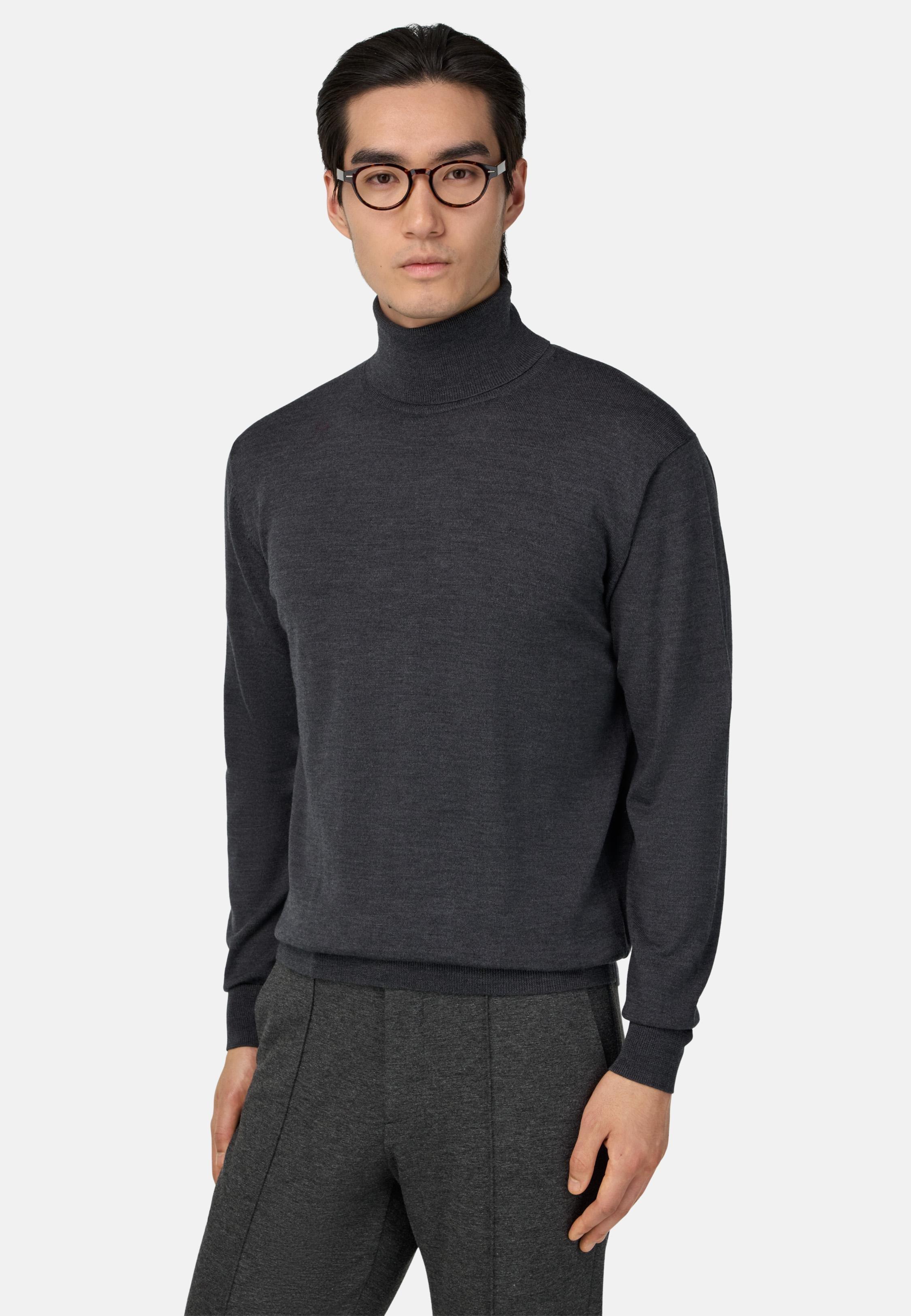 Merino Wool Polo Neck Jumper Black, Charcoal, medium