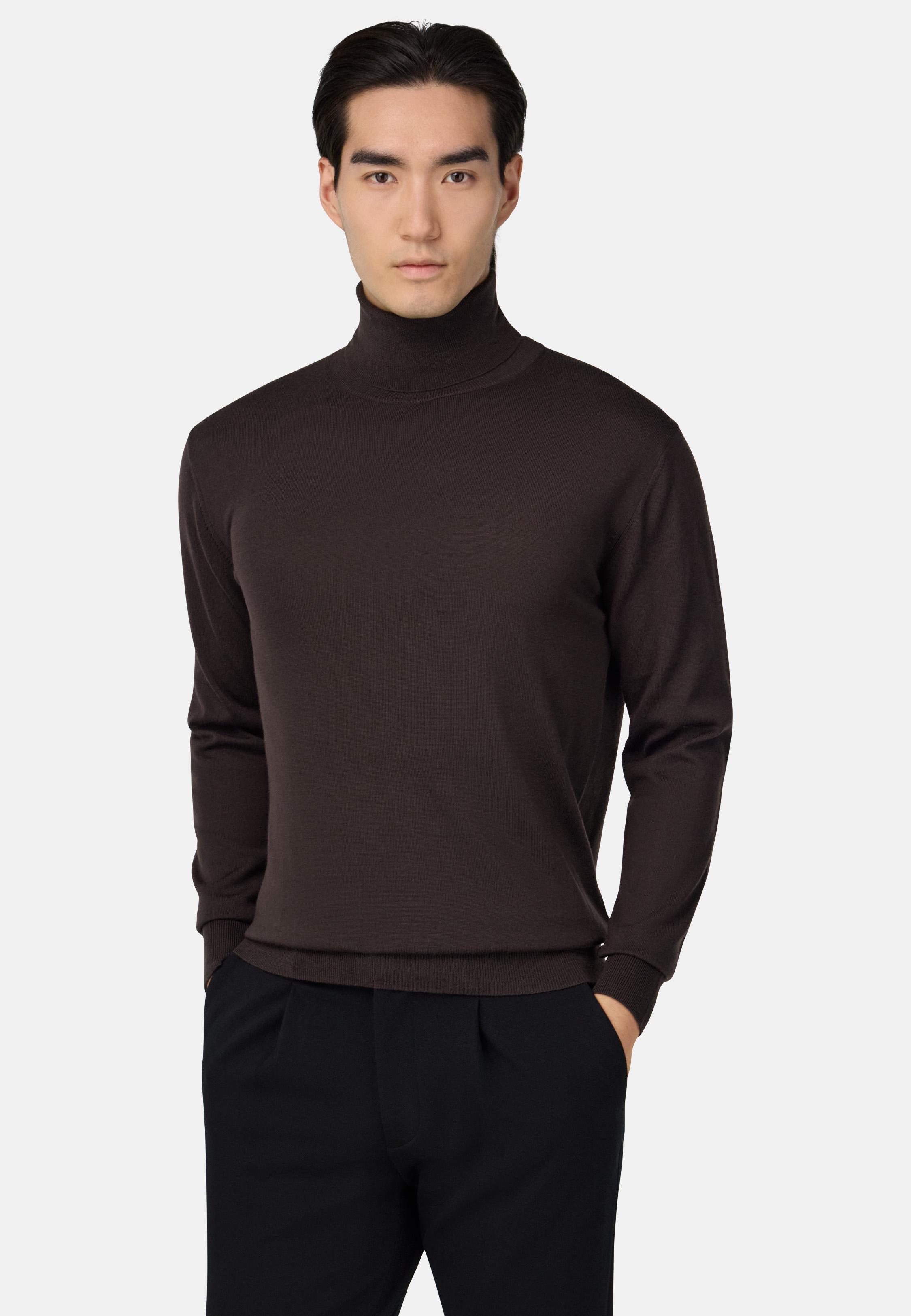 Merino Wool Polo Neck Jumper Brown, Dark brown, medium