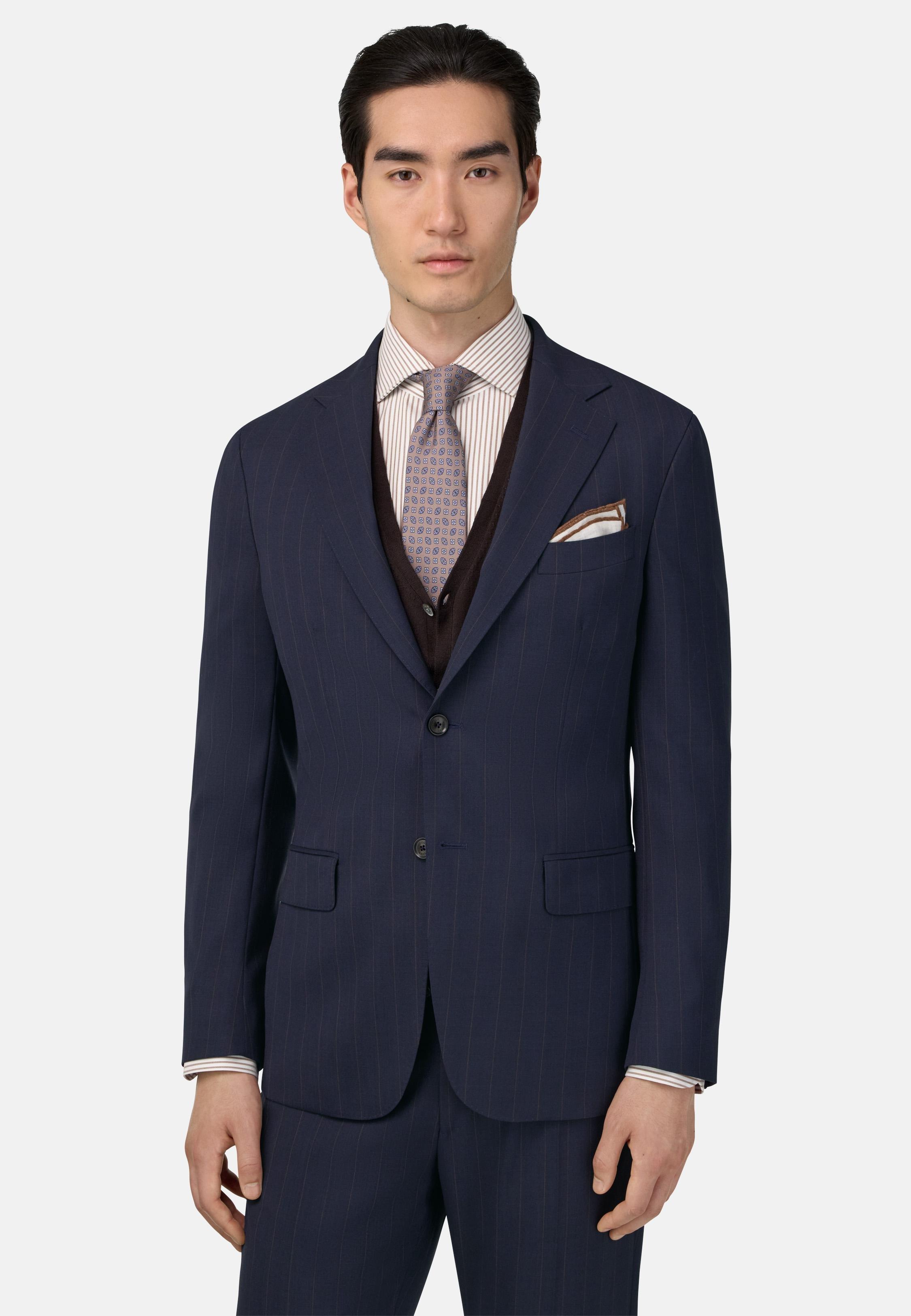 Pinstripe Suit In Pure Travel Wool Blue, , medium