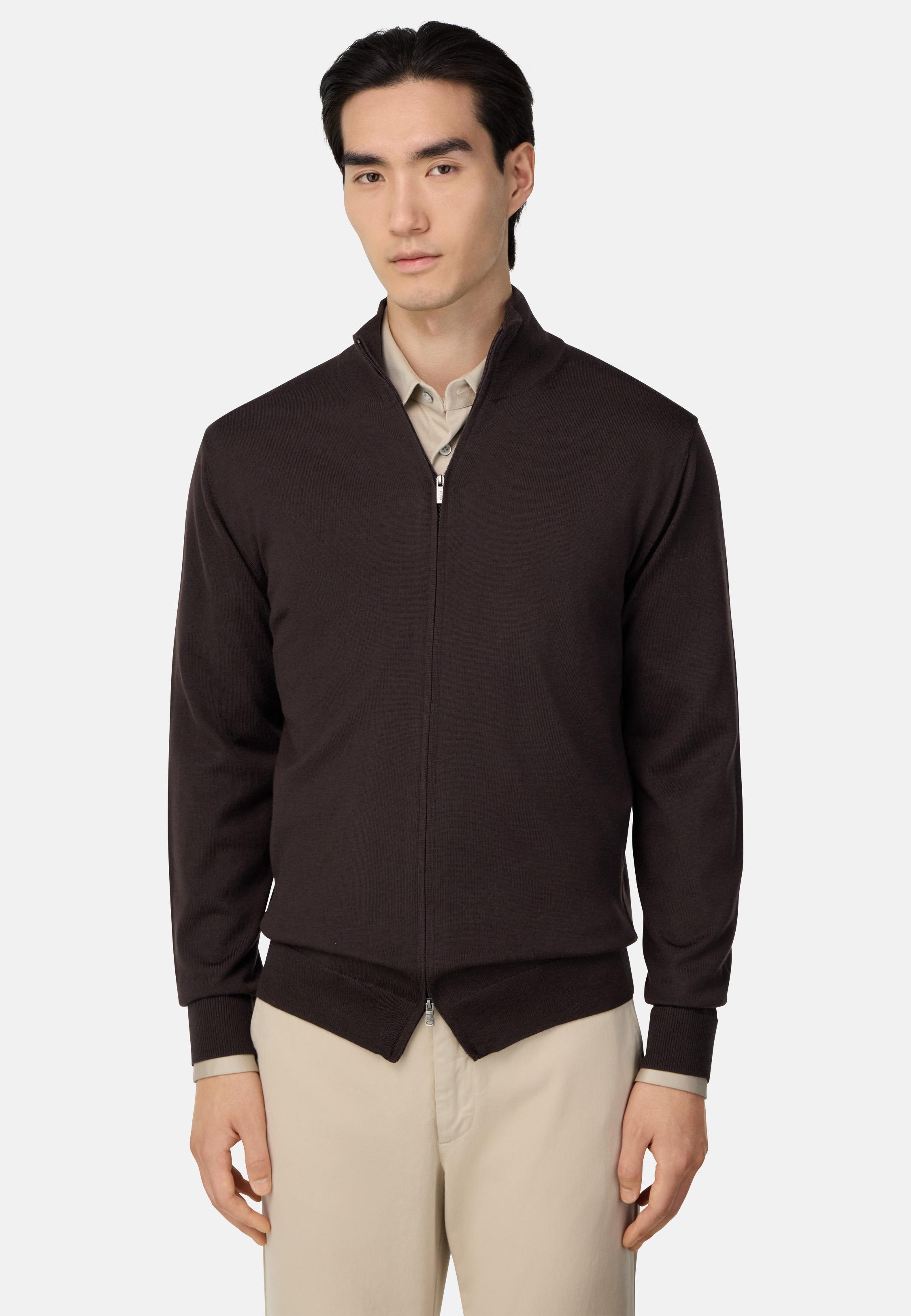 BROWN Merino Wool Full Zip Jumper, , large image number 0