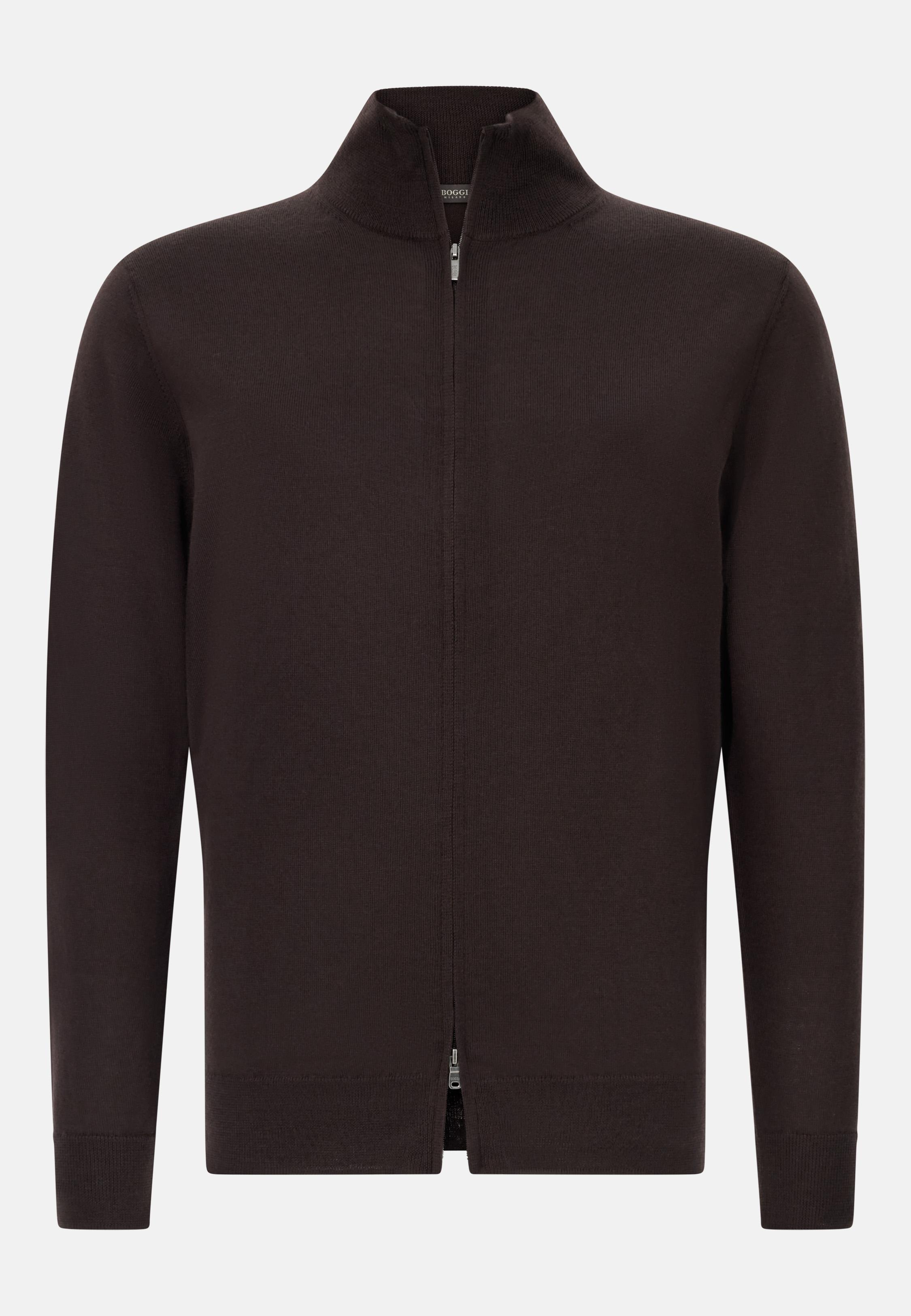 BROWN Merino Wool Full Zip Jumper, , large image number 3