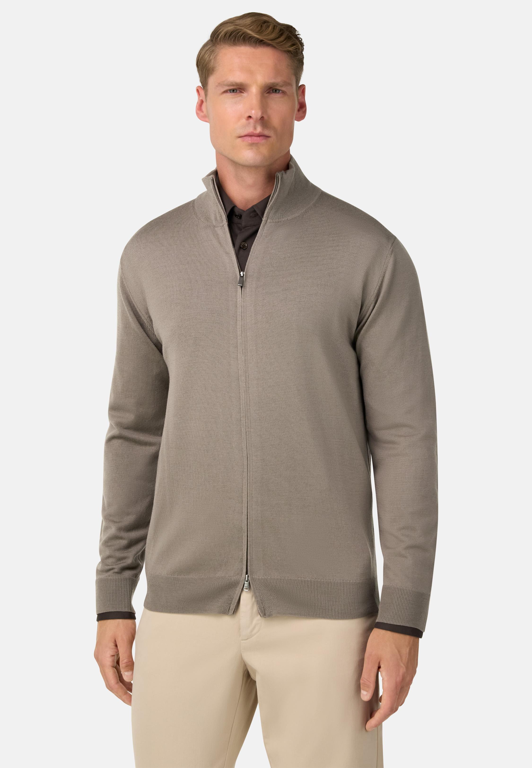 Merino Wool Full Zip Jumper Taupe, Taupe, medium