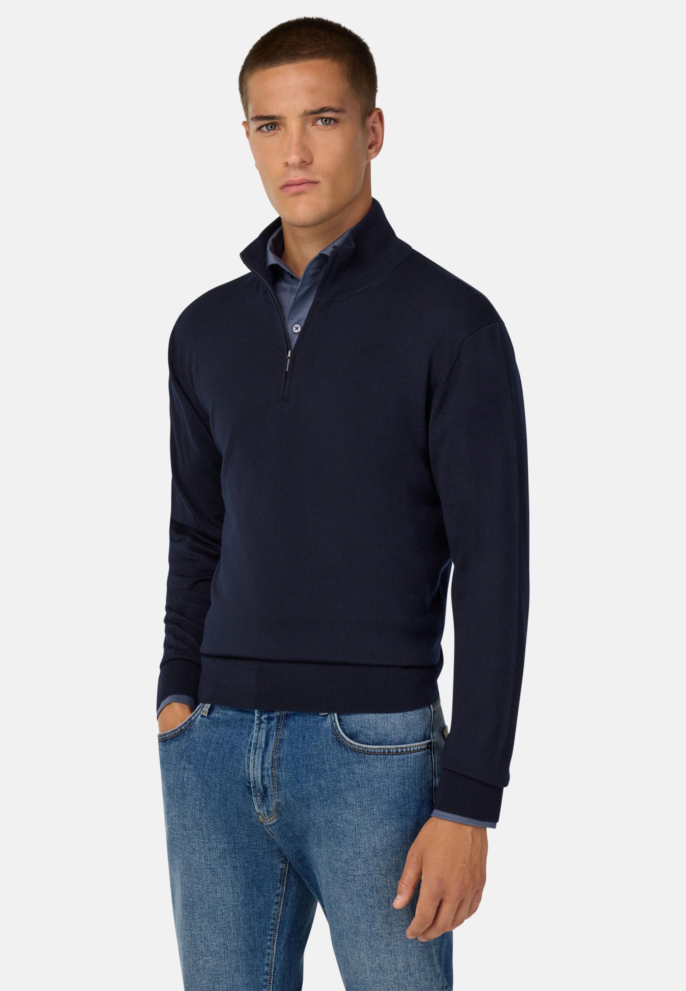 Merino Wool Half Zip Jumper Blue, Navy blue, medium