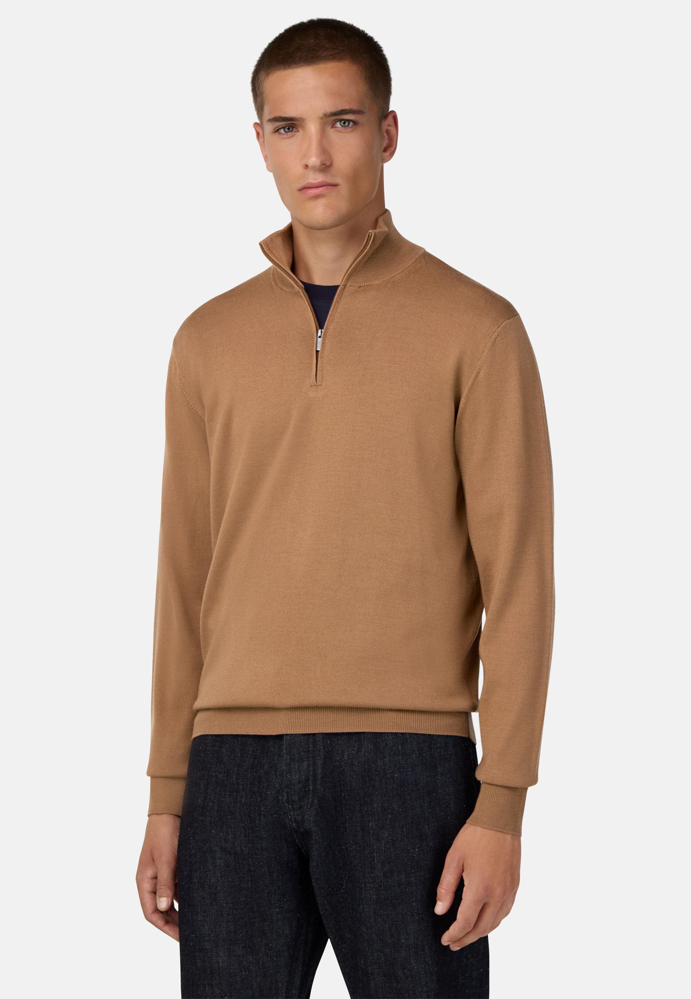 Merino Wool Half Zip Jumper Brown, Hazelnut, medium