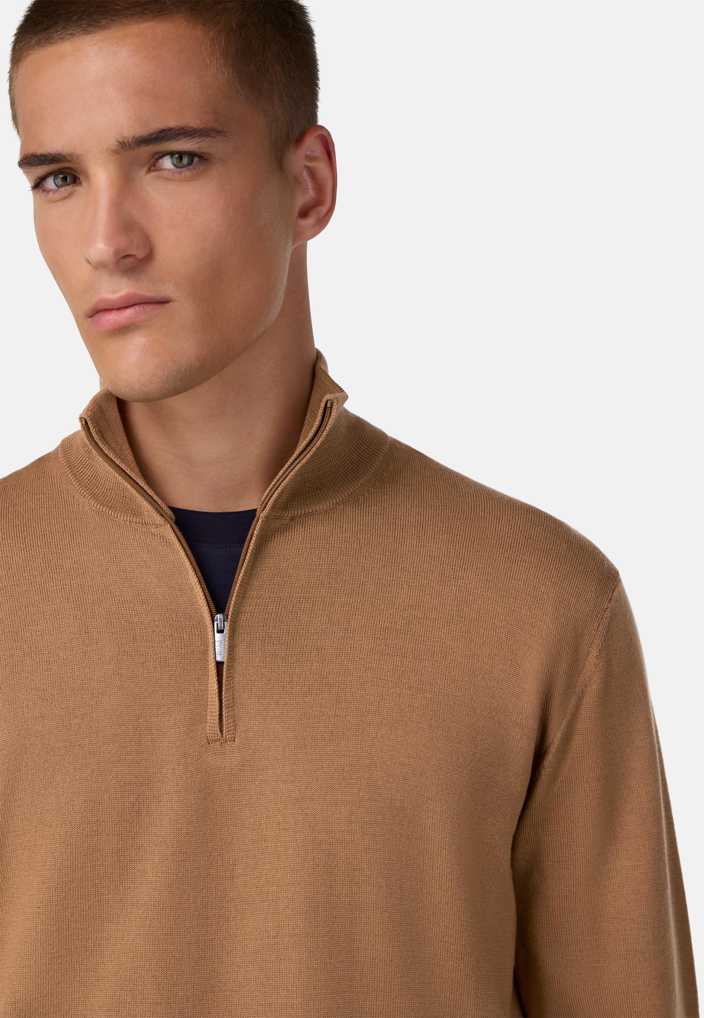 BROWN Merino Wool Half Zip Jumper, , large image number 2