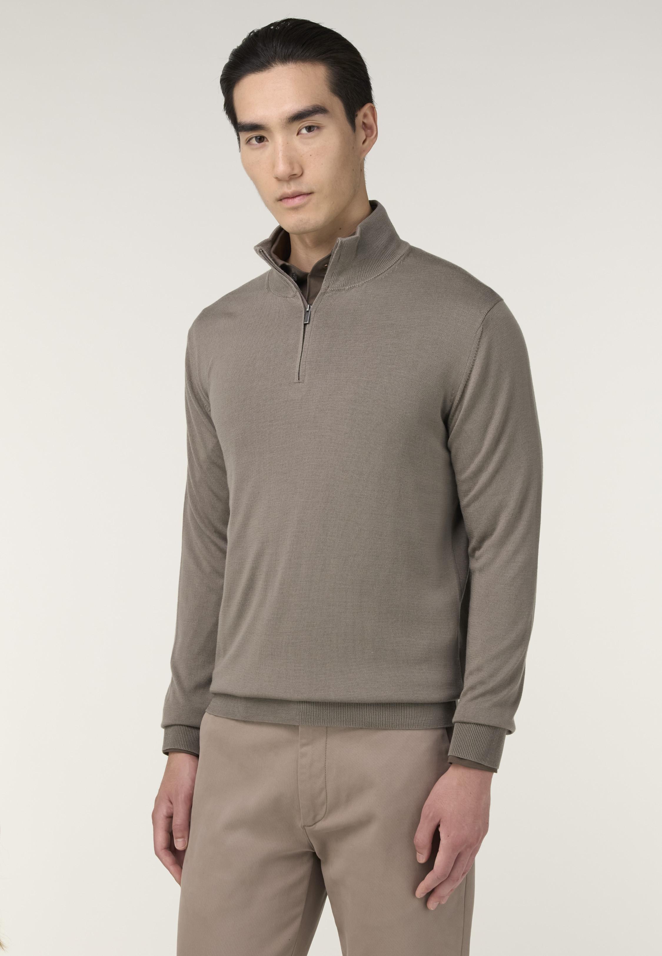 Merino Wool Half Zip Jumper Brown, Taupe, large image number 0