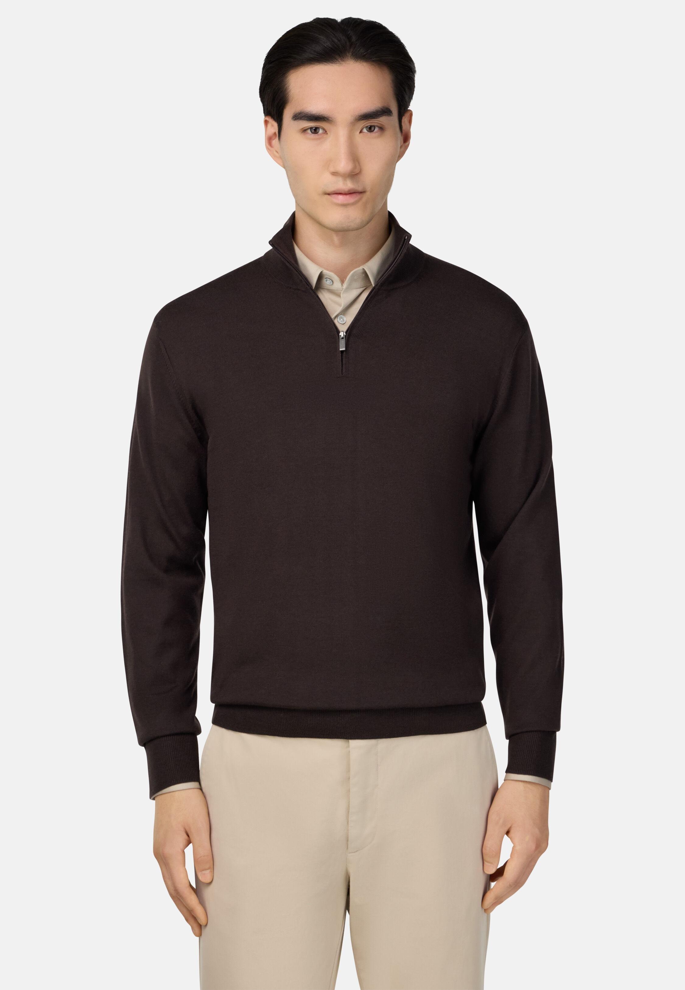 Merino Wool Half Zip Jumper Brown, Dark brown, medium