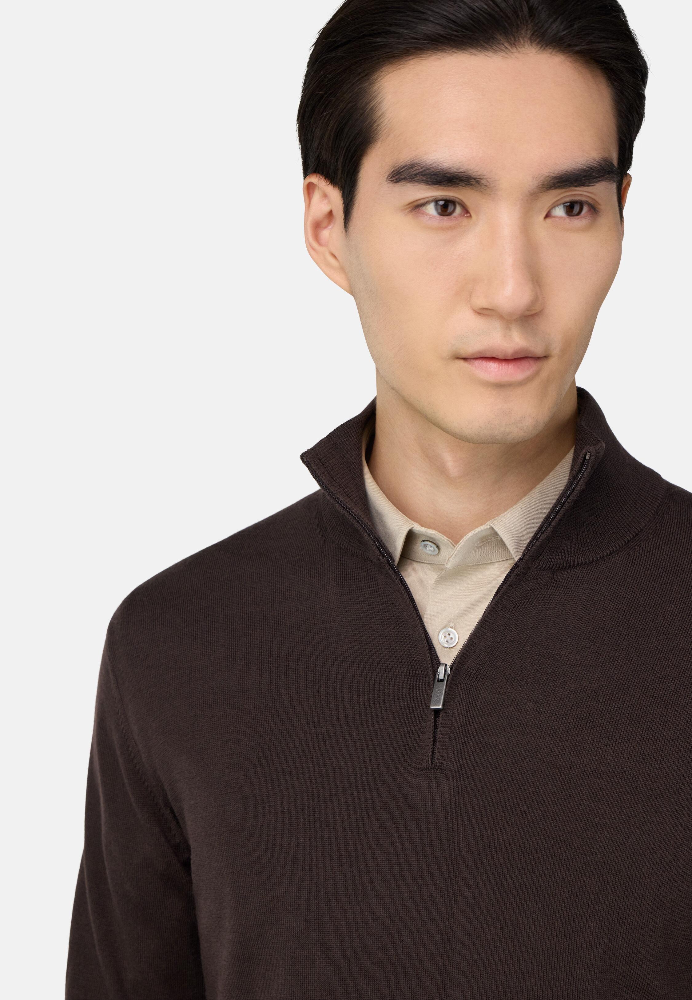 Merino Wool Half Zip Jumper Brown, Dark brown, medium