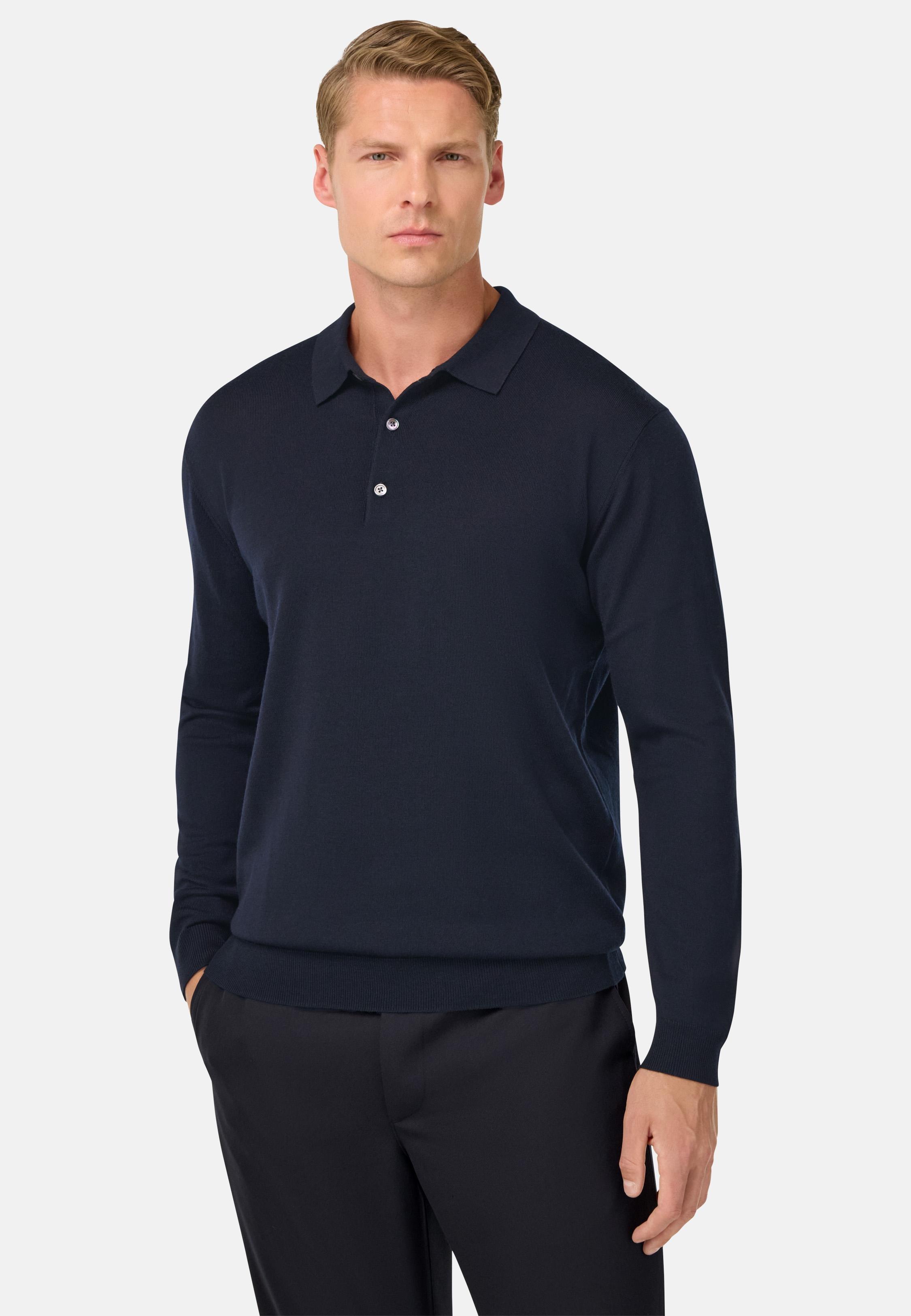 Knitted Merino Polo Shirt Blue, Navy blue, medium