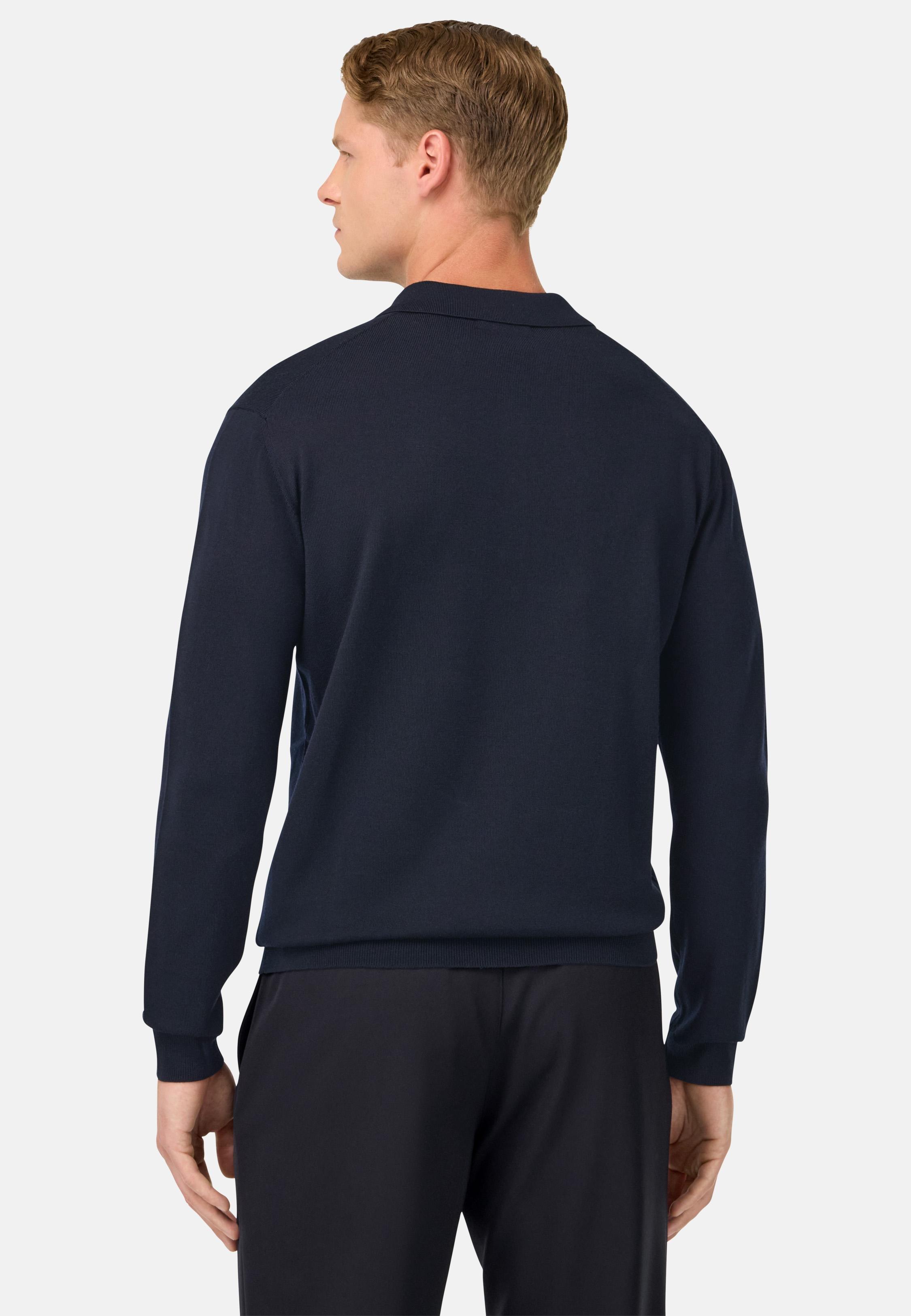 Knitted Merino Polo Shirt Blue, Navy blue, medium