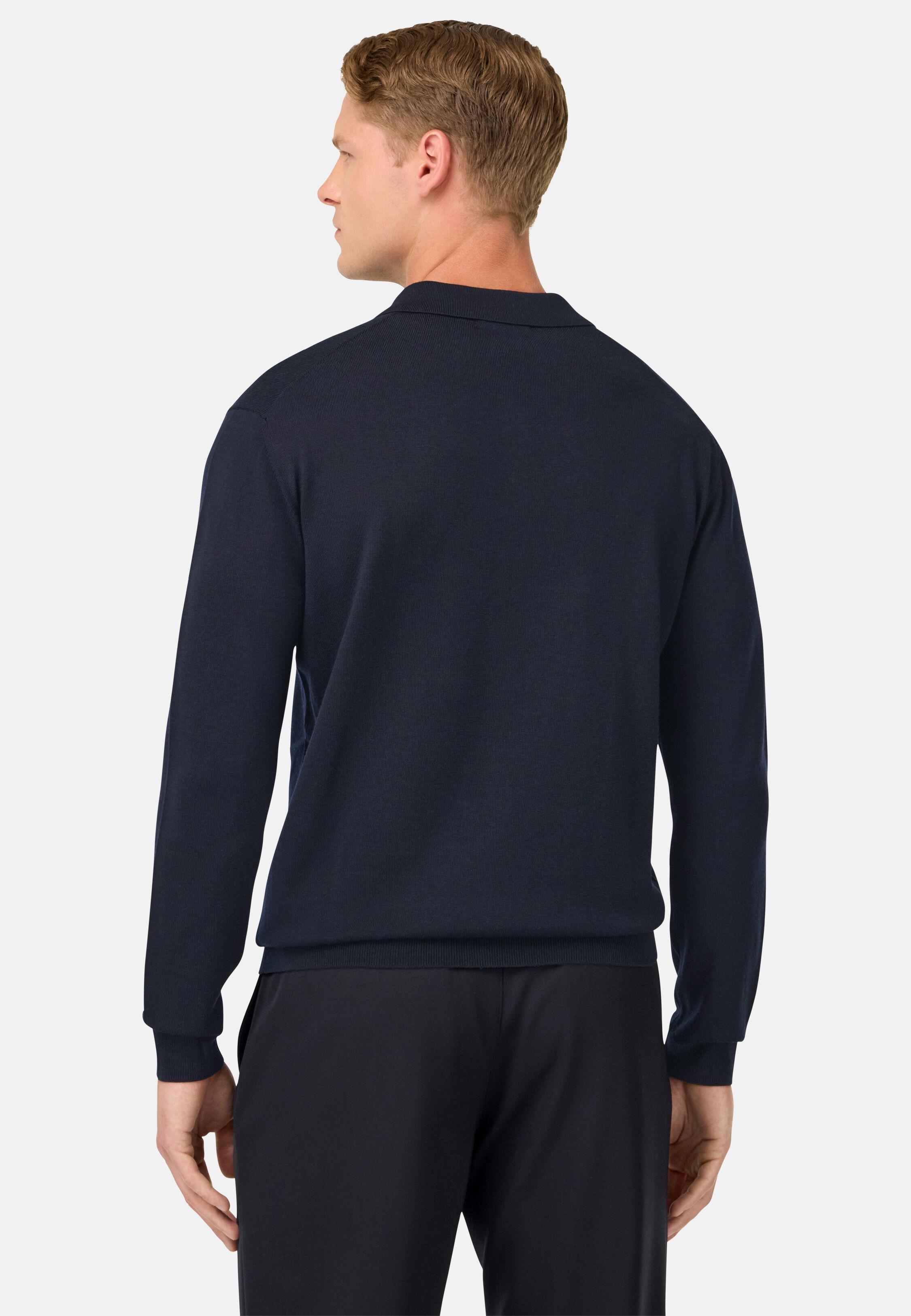 Knitted Merino Polo Shirt Blue, Navy blue, medium
