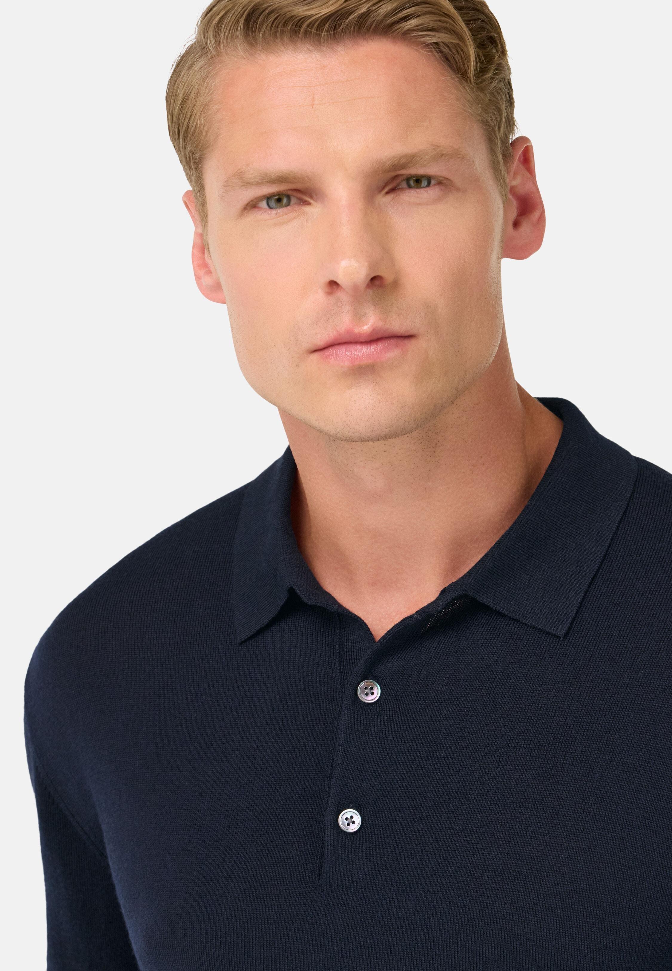 Knitted Merino Polo Shirt Blue, Navy blue, medium
