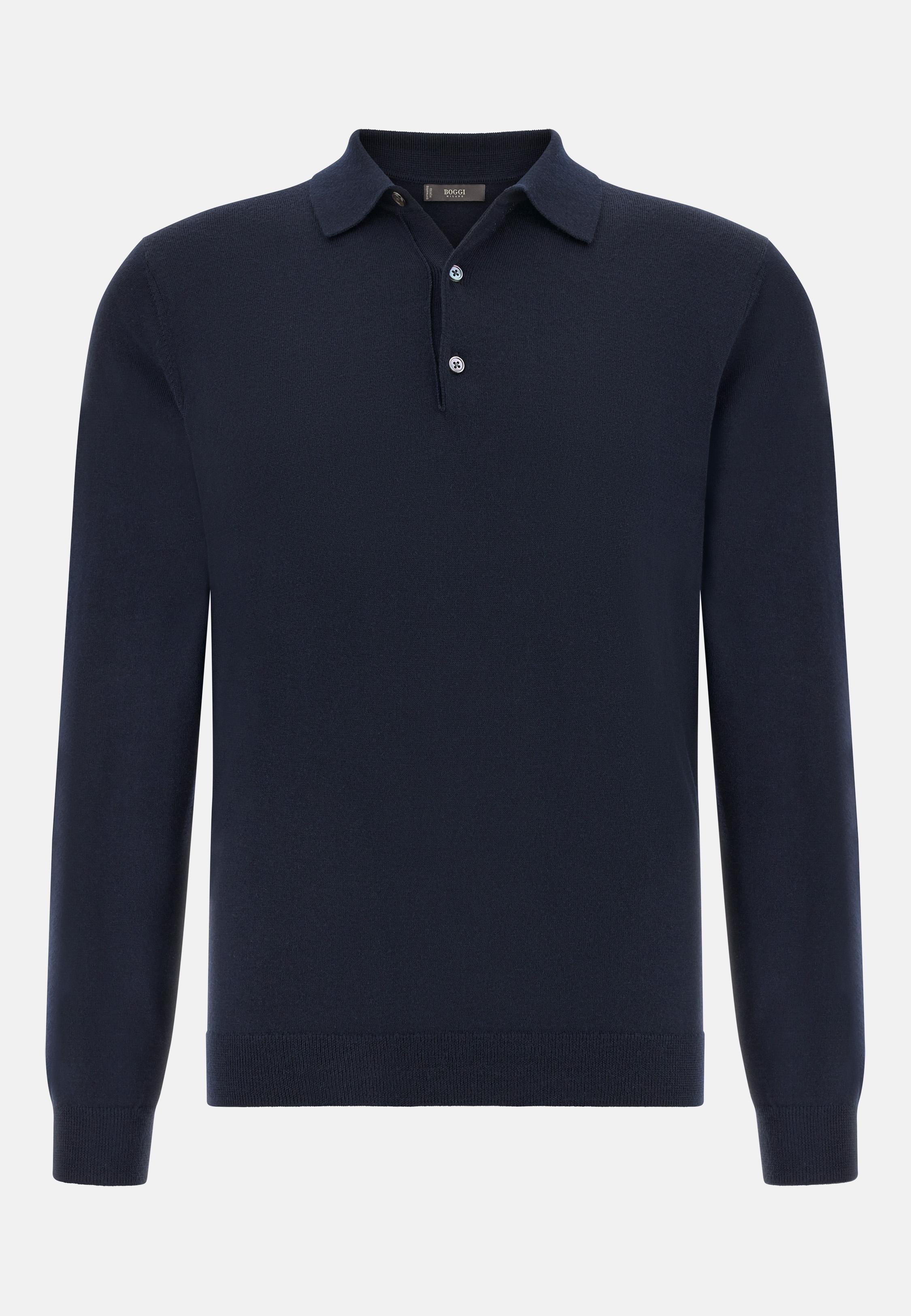 Knitted Merino Polo Shirt Blue, Navy blue, large image number 3