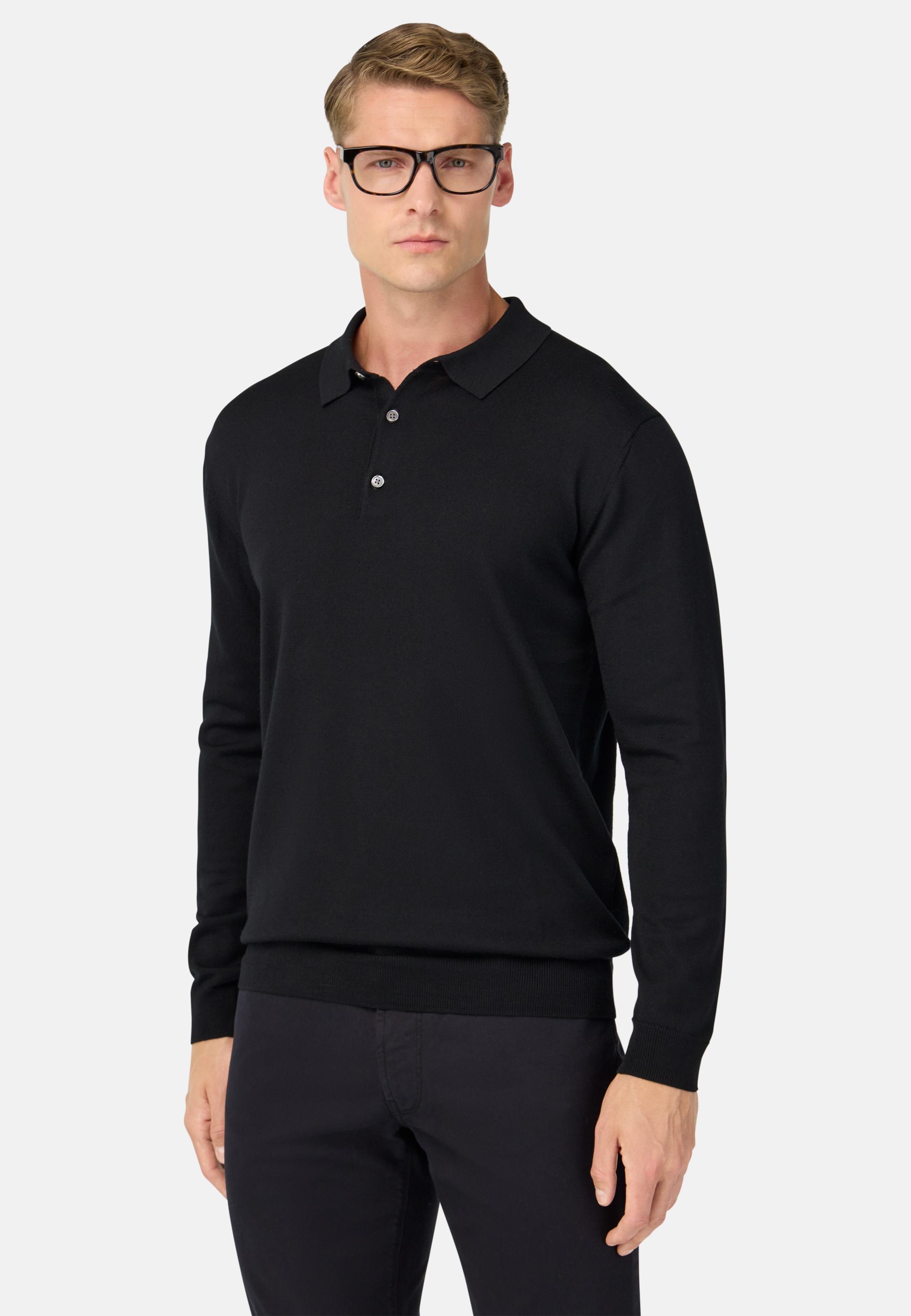 Knitted Merino Polo Shirt Black, Black, large image number 0