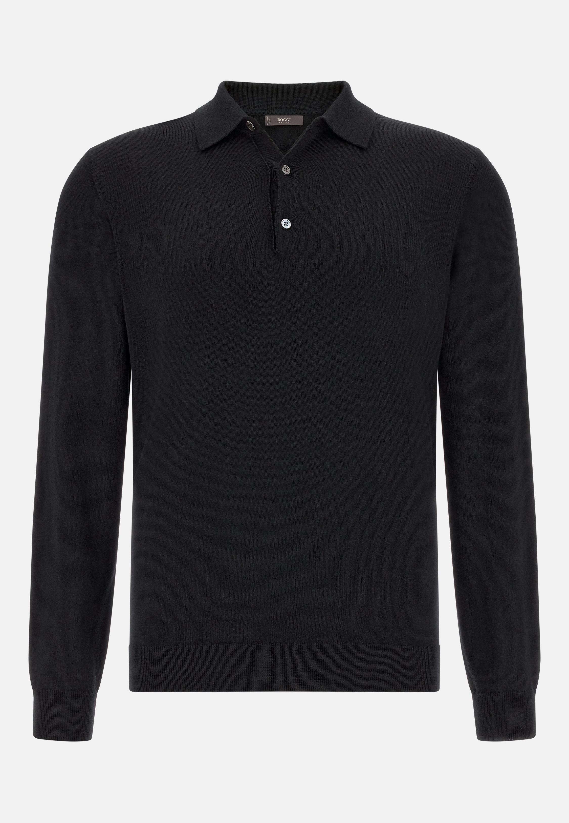 Knitted Merino Polo Shirt Black, Black, large image number 3