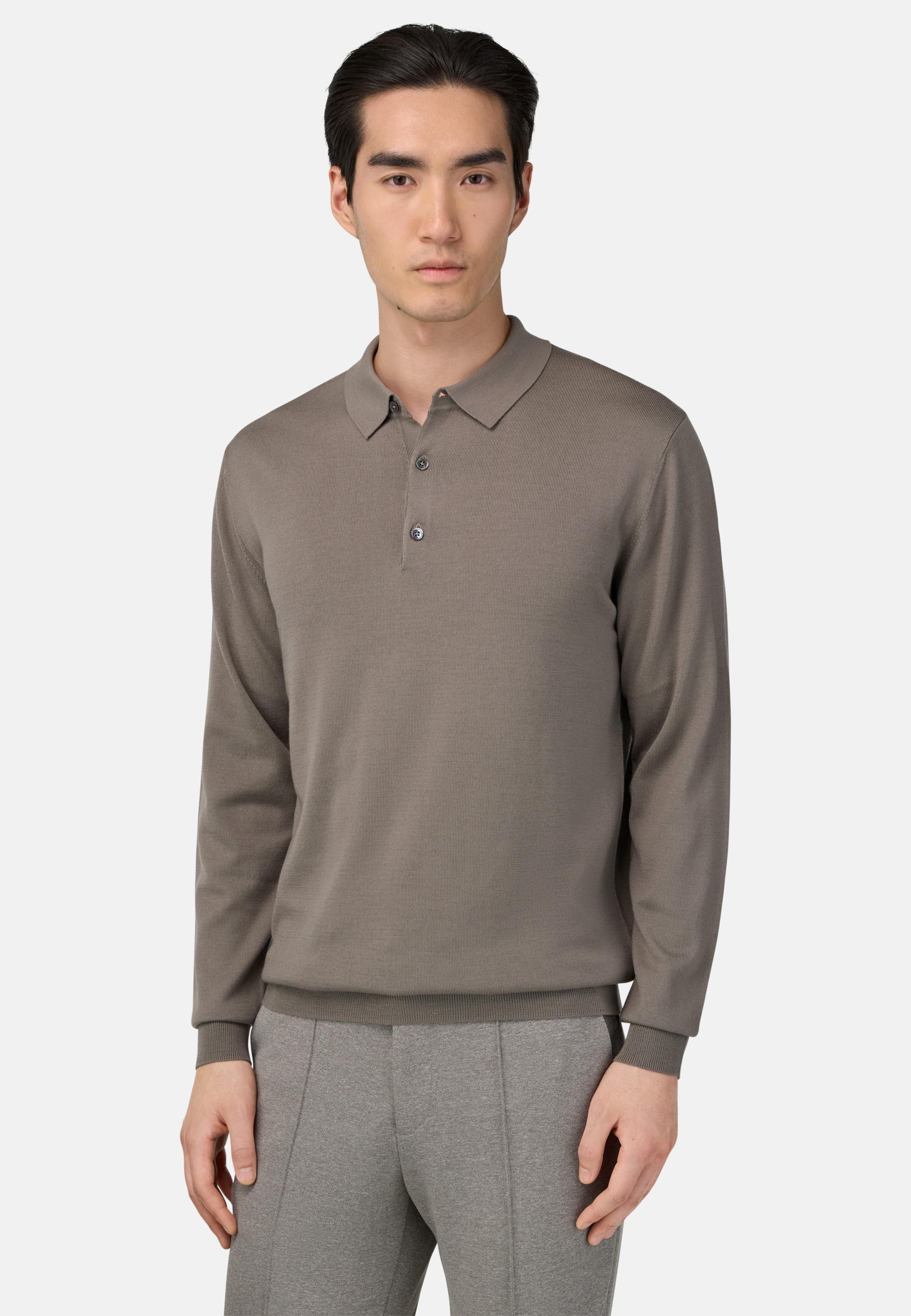 Knitted Merino Polo Shirt Brown, Taupe, medium