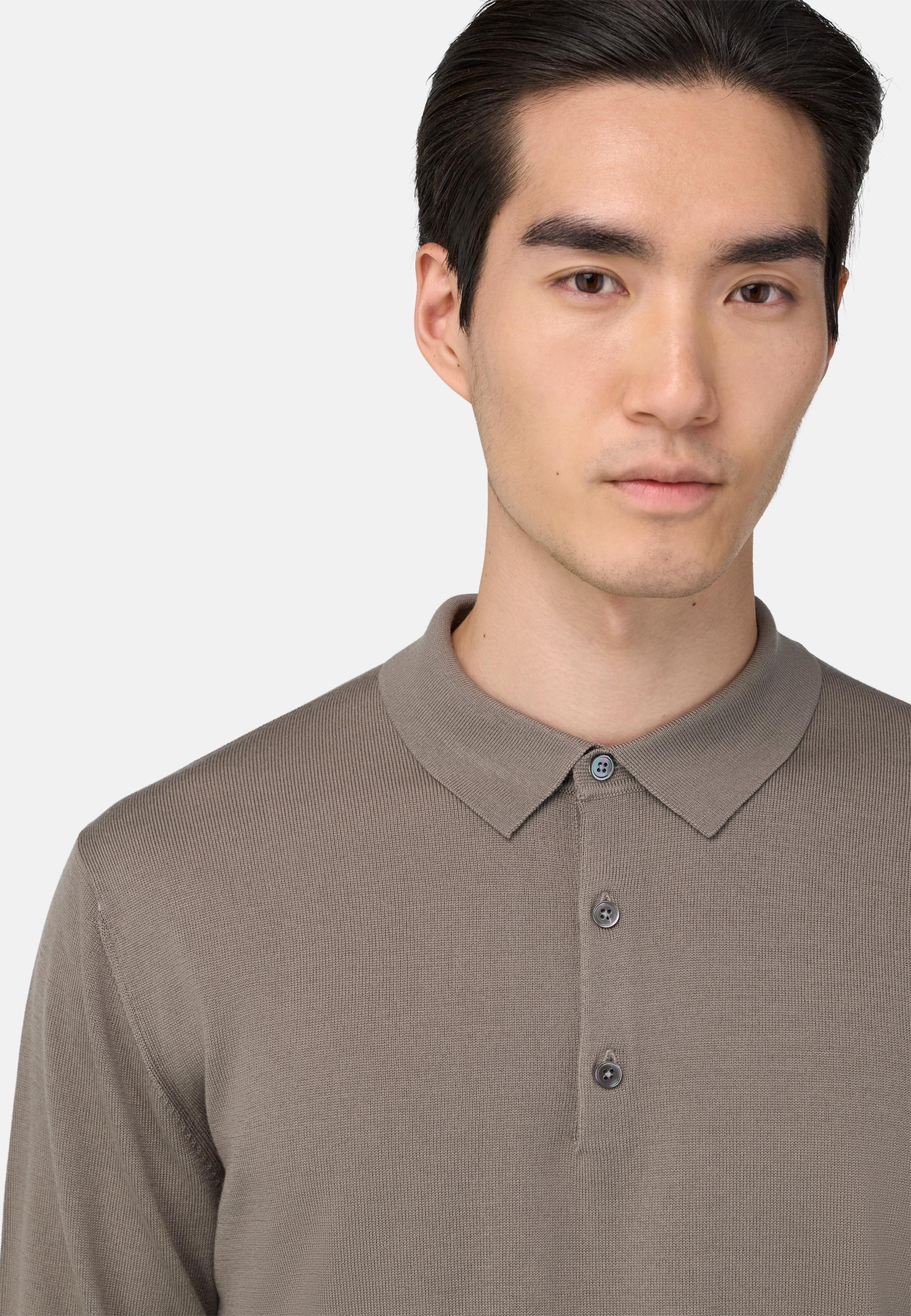 Knitted Merino Polo Shirt Brown, Taupe, medium