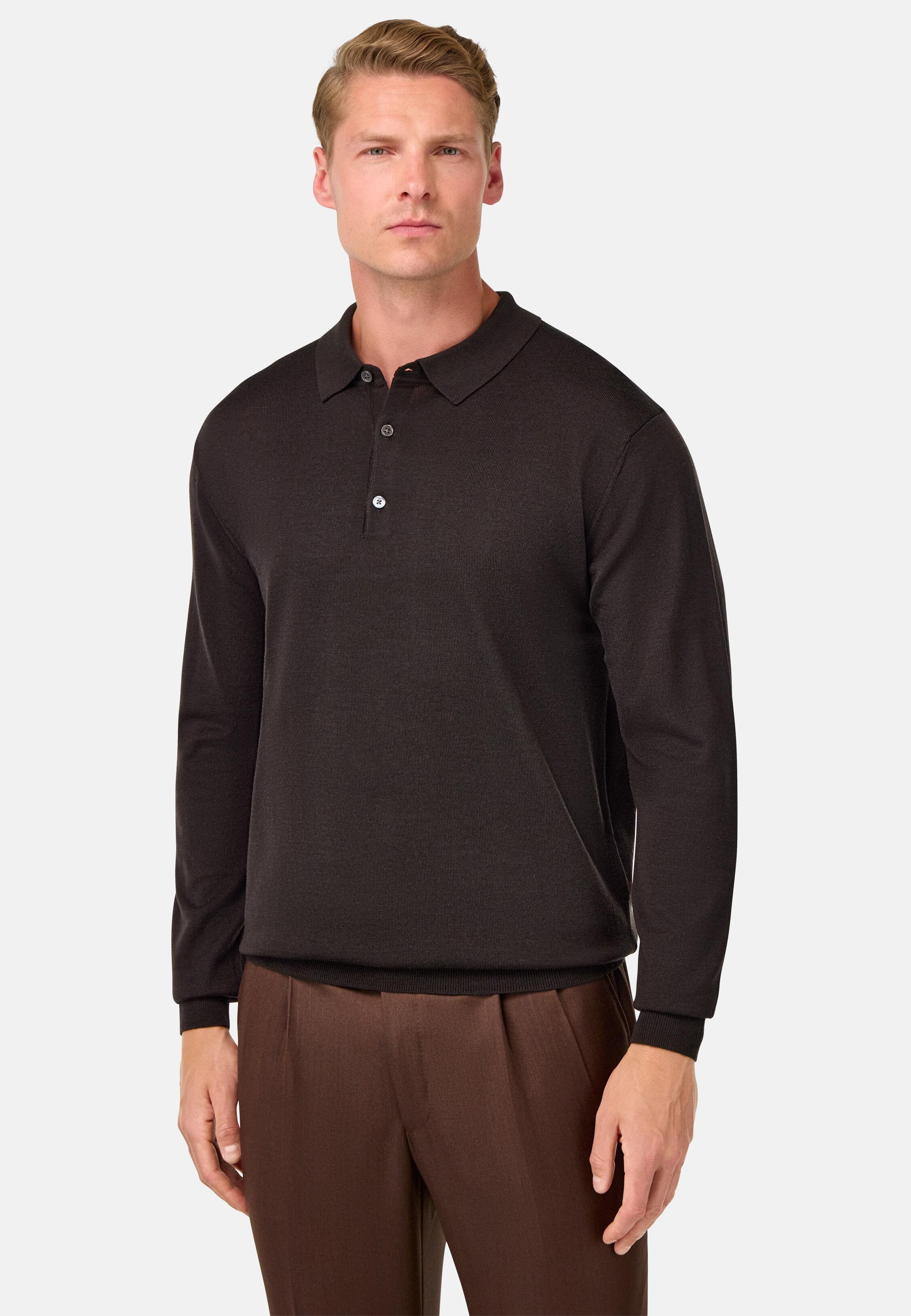 Knitted Merino Polo Shirt Brown, Dark brown, medium