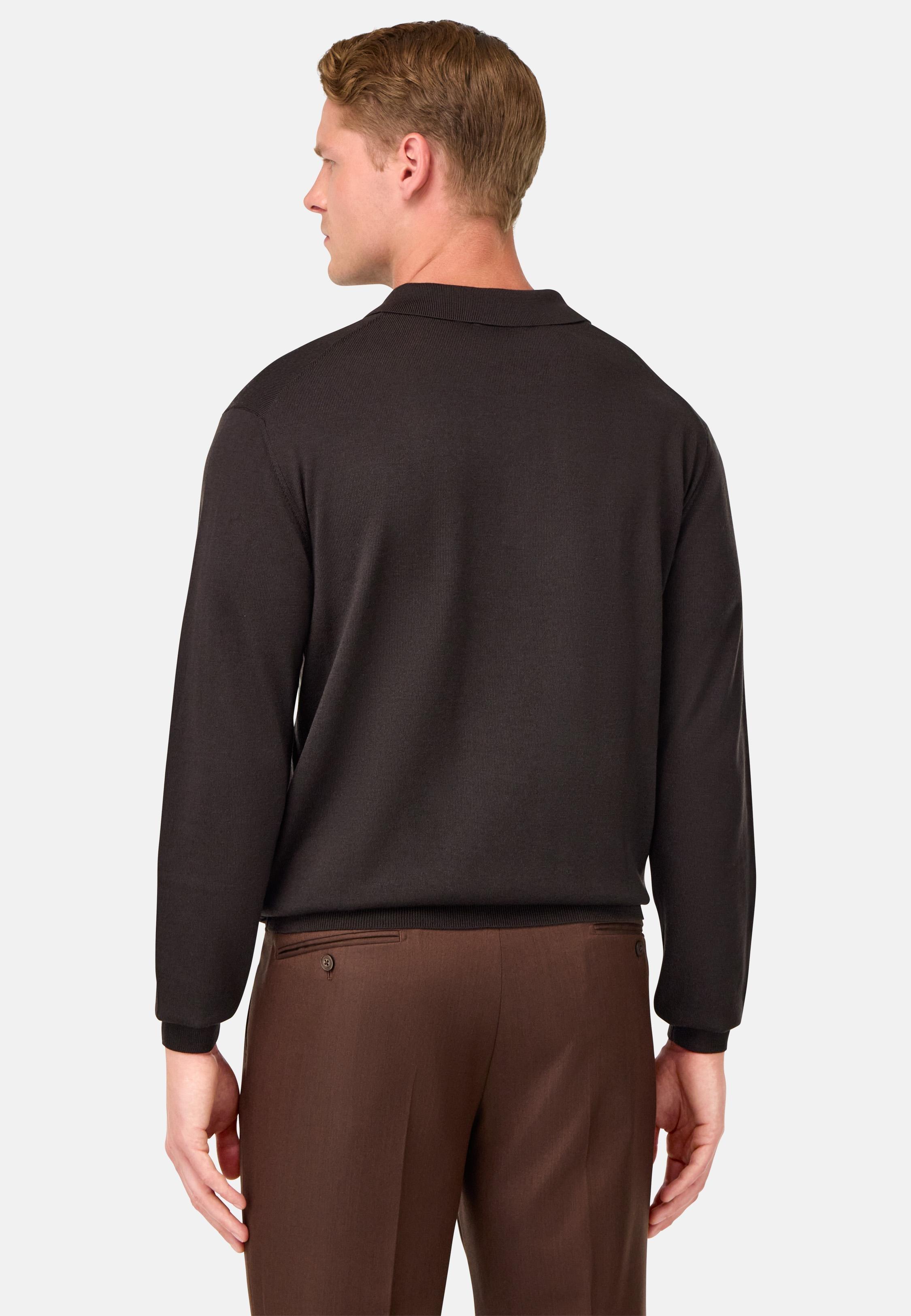 Knitted Merino Polo Shirt Brown, Dark brown, medium