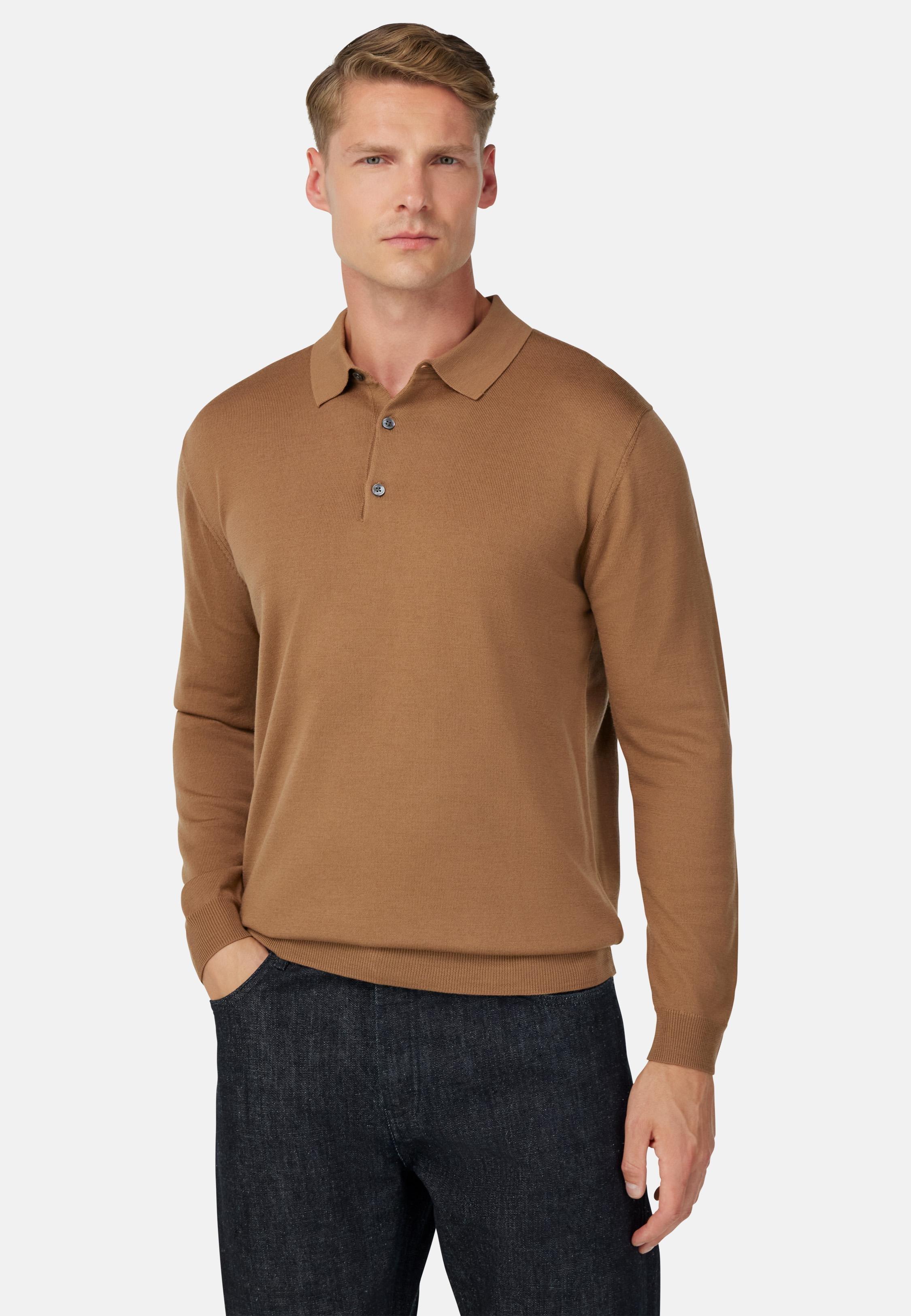 Knitted Merino Polo Shirt Brown, Hazelnut, medium