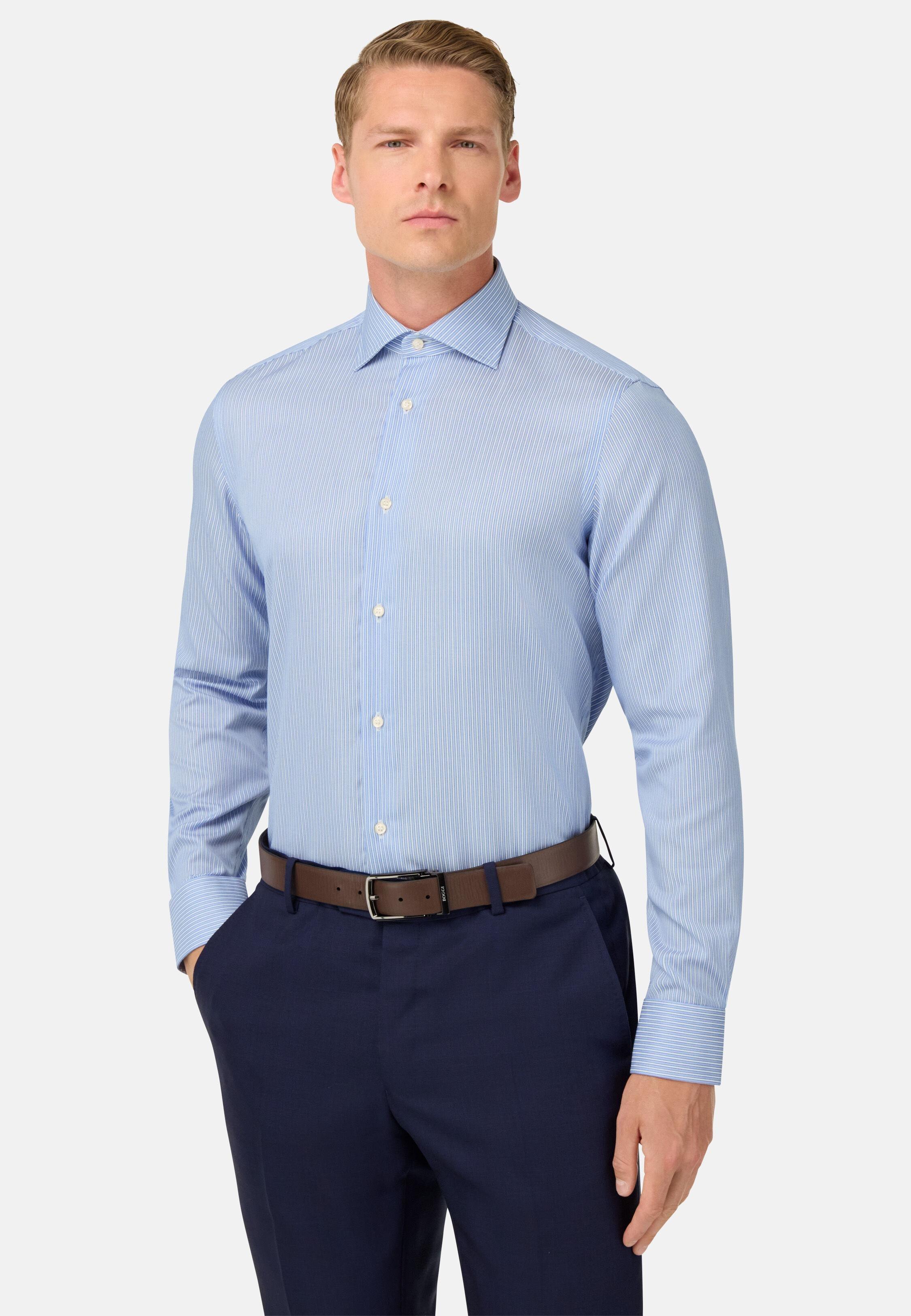 Slim Fit Striped Cotton Shirt Blue, Light Blue, large image number 0