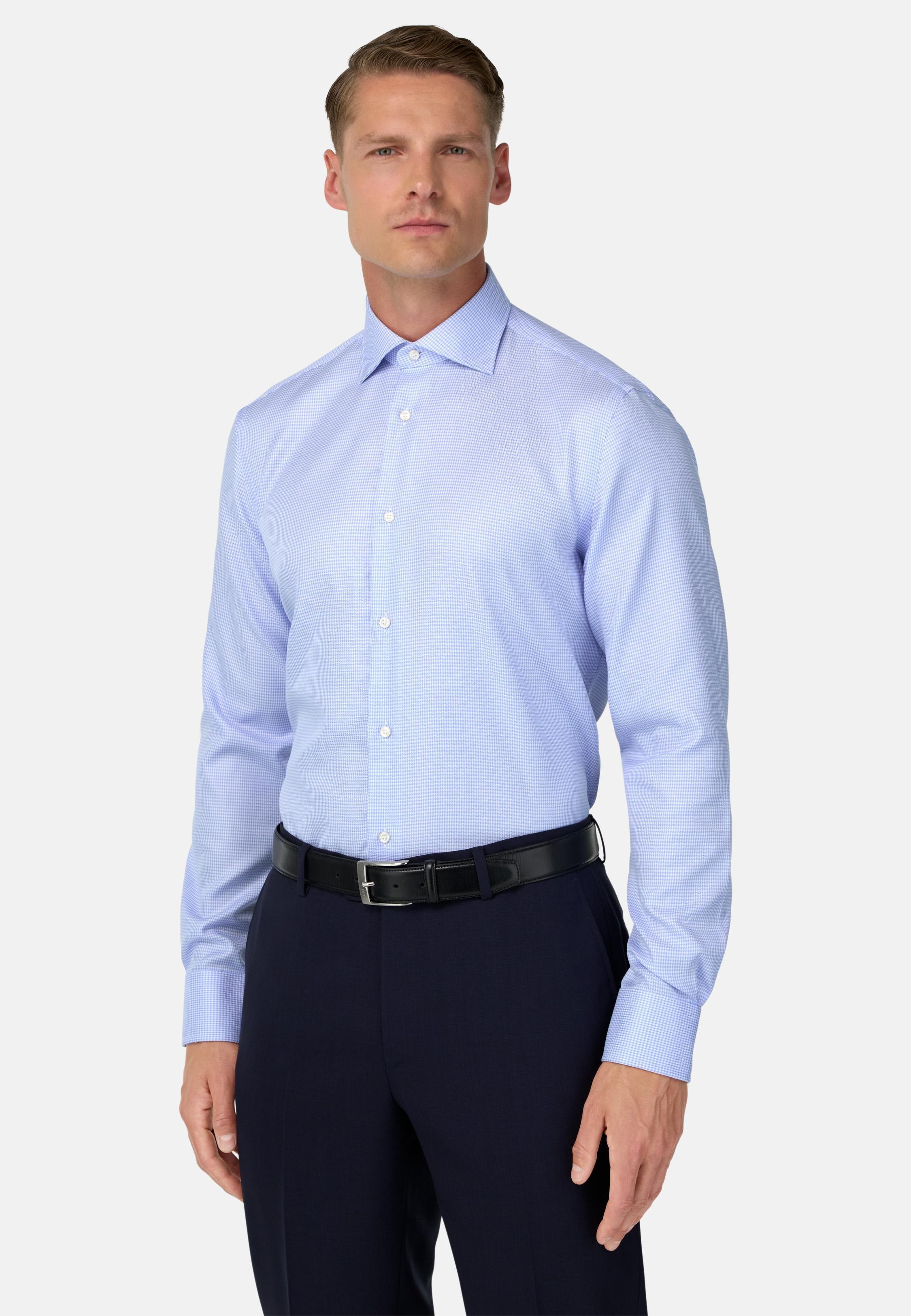 Slim Fit Houndstooth Cotton Shirt Blue, Light Blue, large image number 0