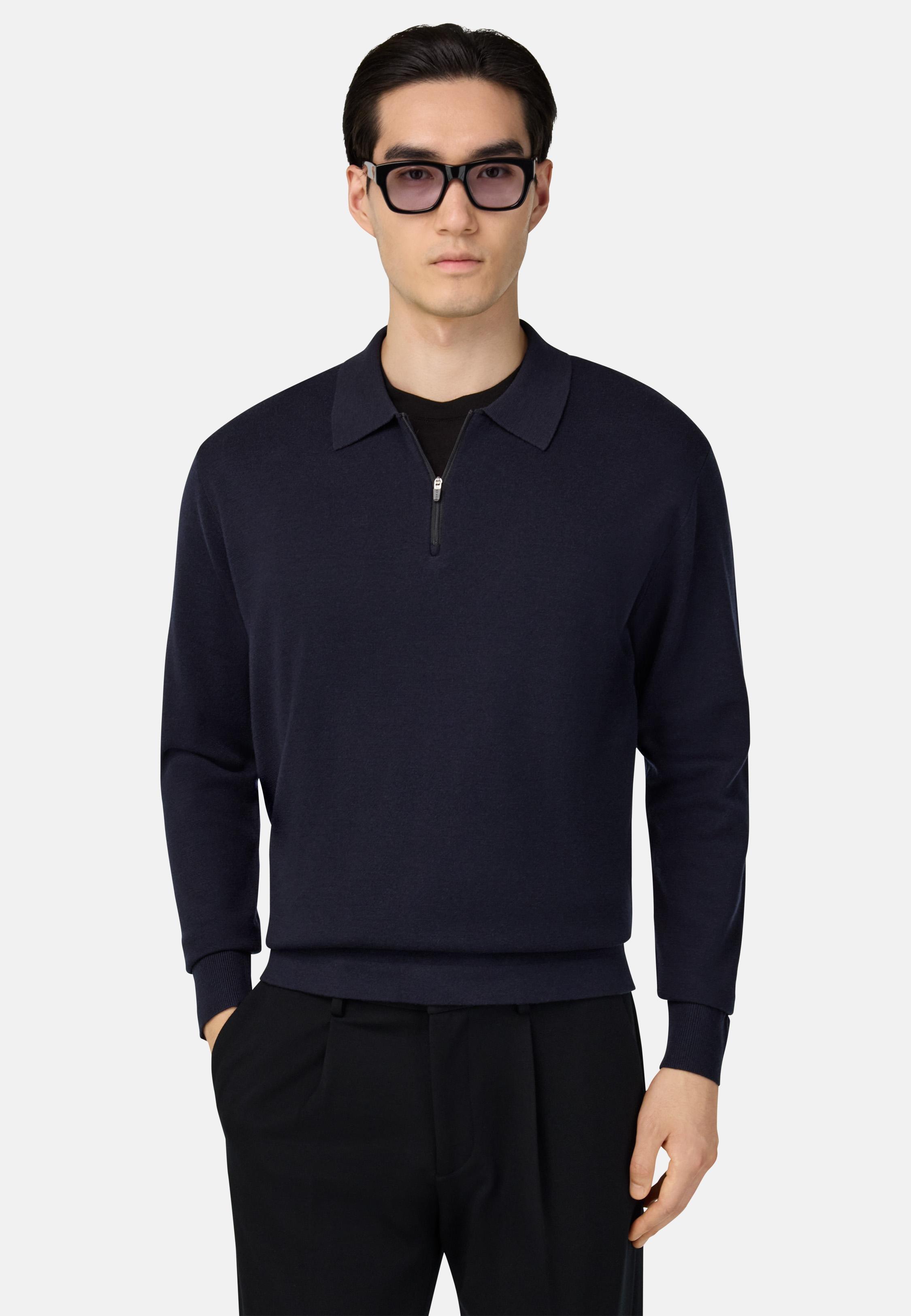 Knitted Polo Shirt in Superfine Merino Wool Blue, Navy blue, medium