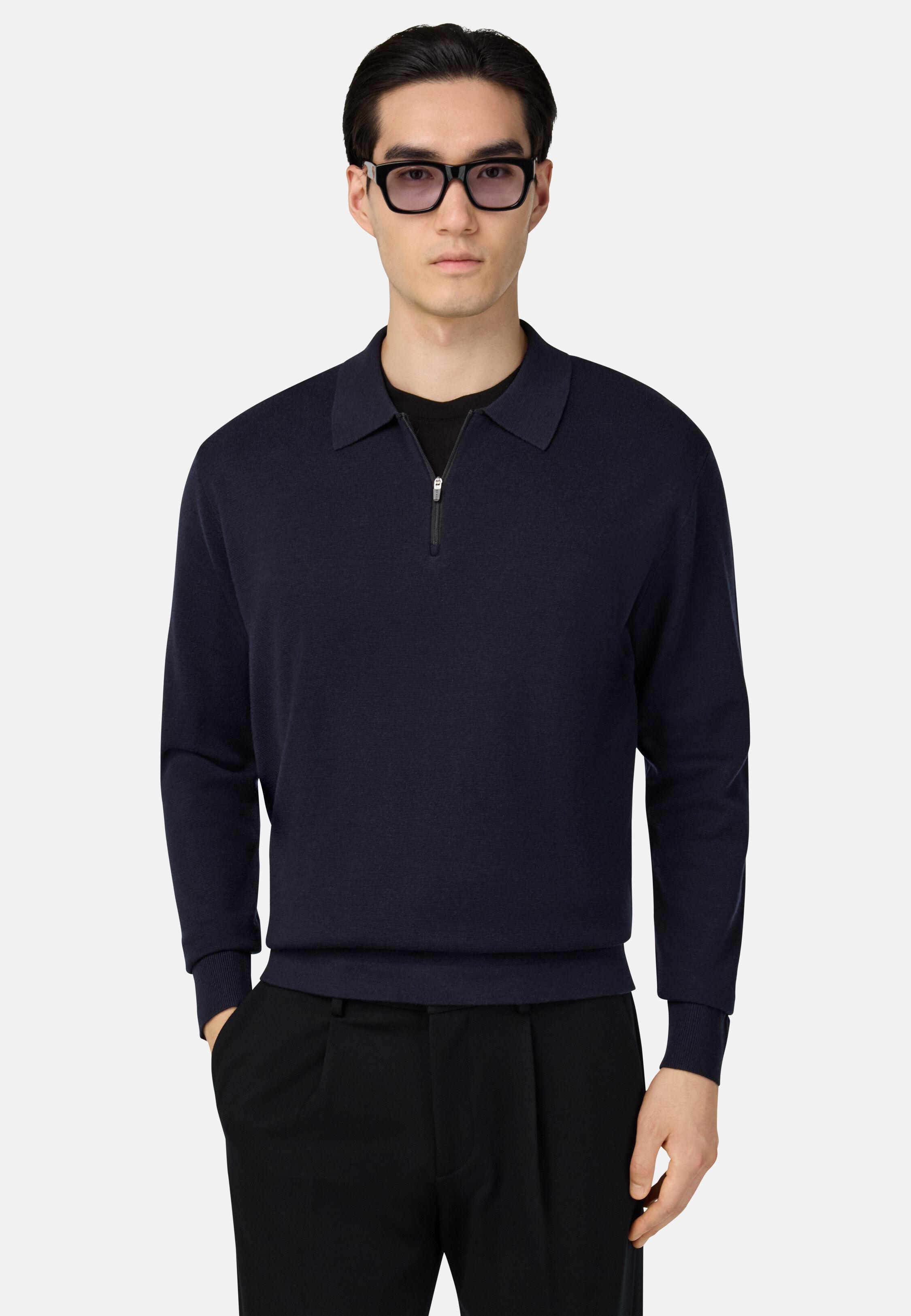 Knitted Polo Shirt in Superfine Merino Wool Blue, 3901_NAVY, medium