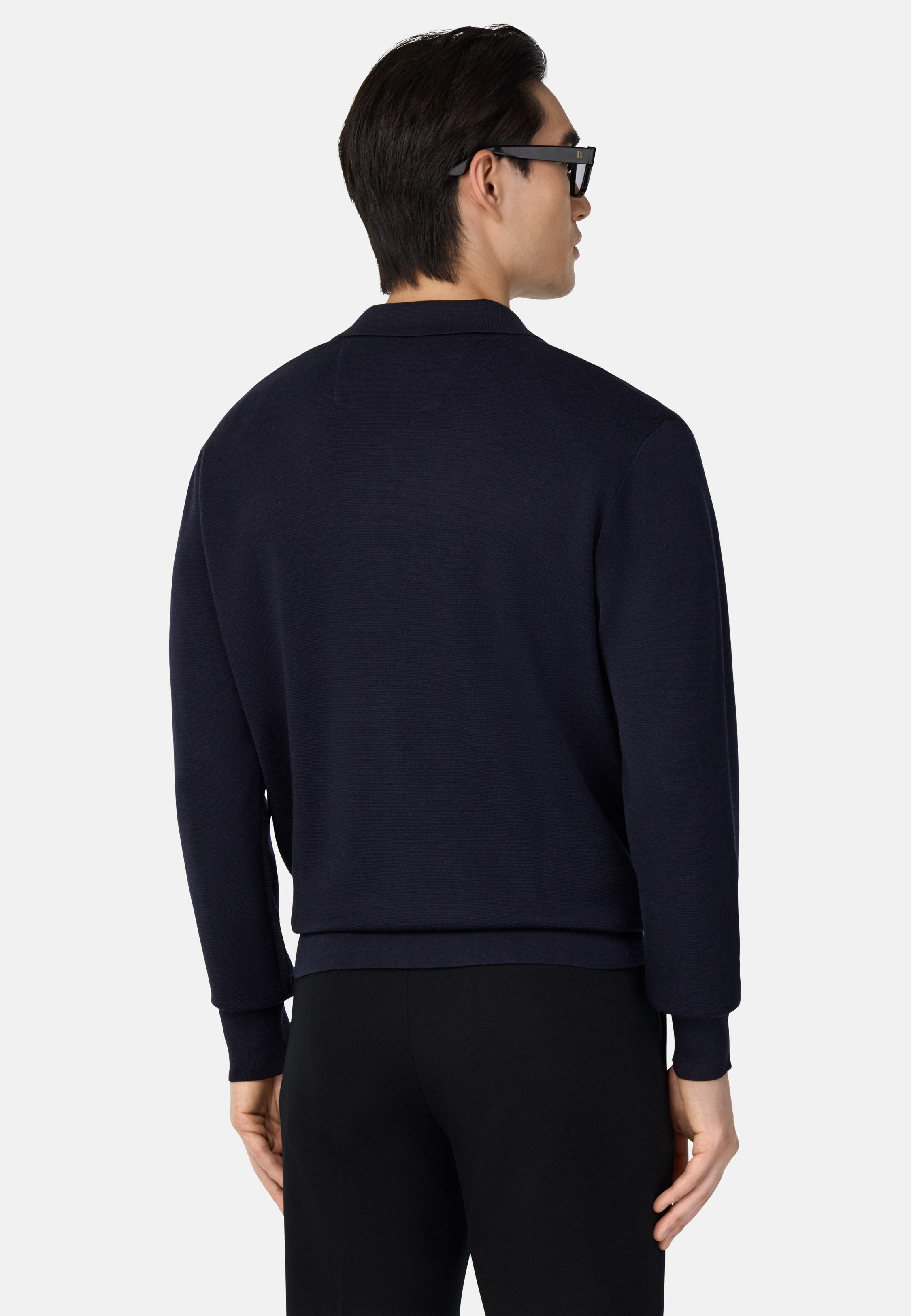 Knitted Polo Shirt in Superfine Merino Wool Blue, Navy blue, medium