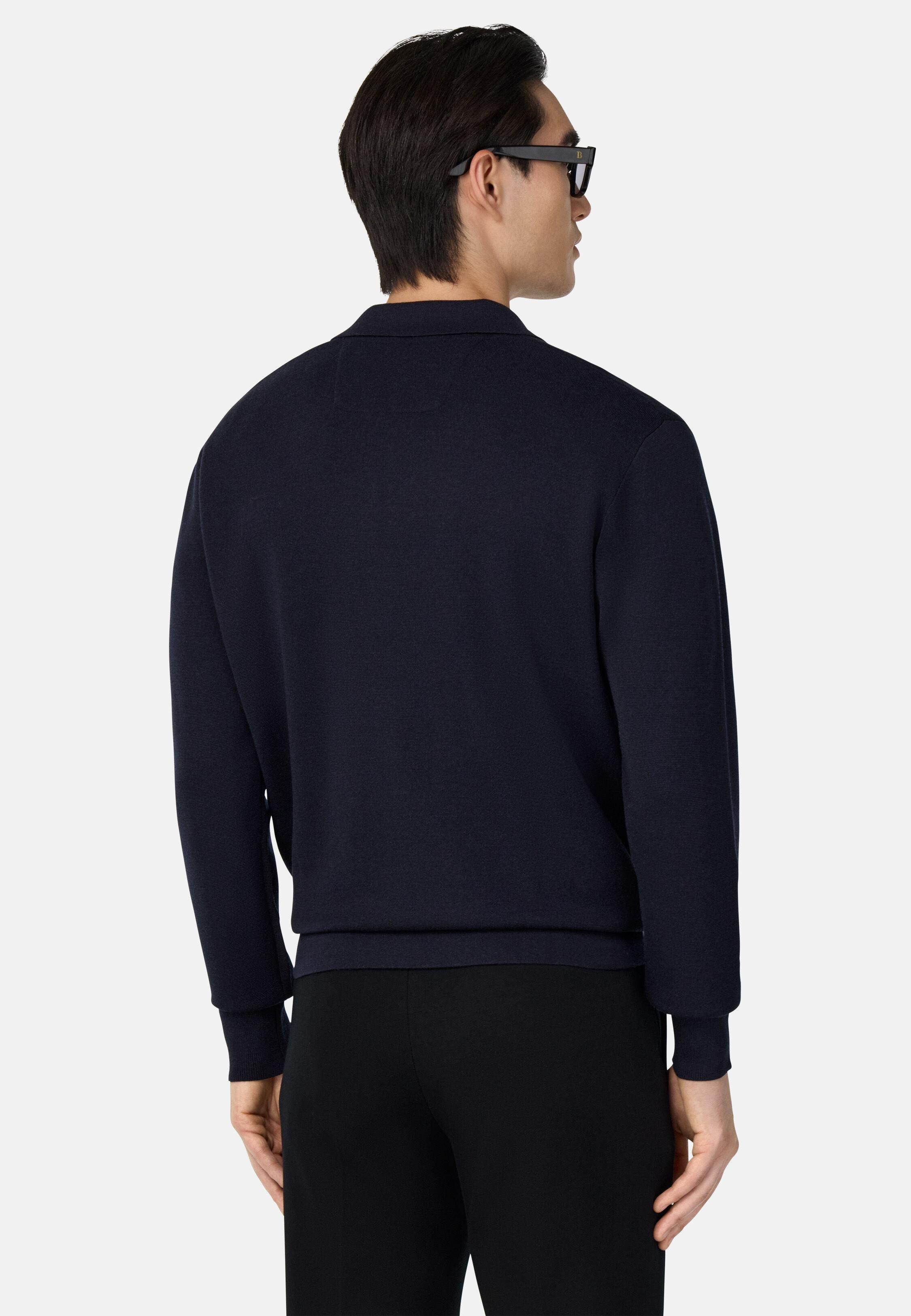 Knitted Polo Shirt in Superfine Merino Wool Blue, 3901_NAVY, medium