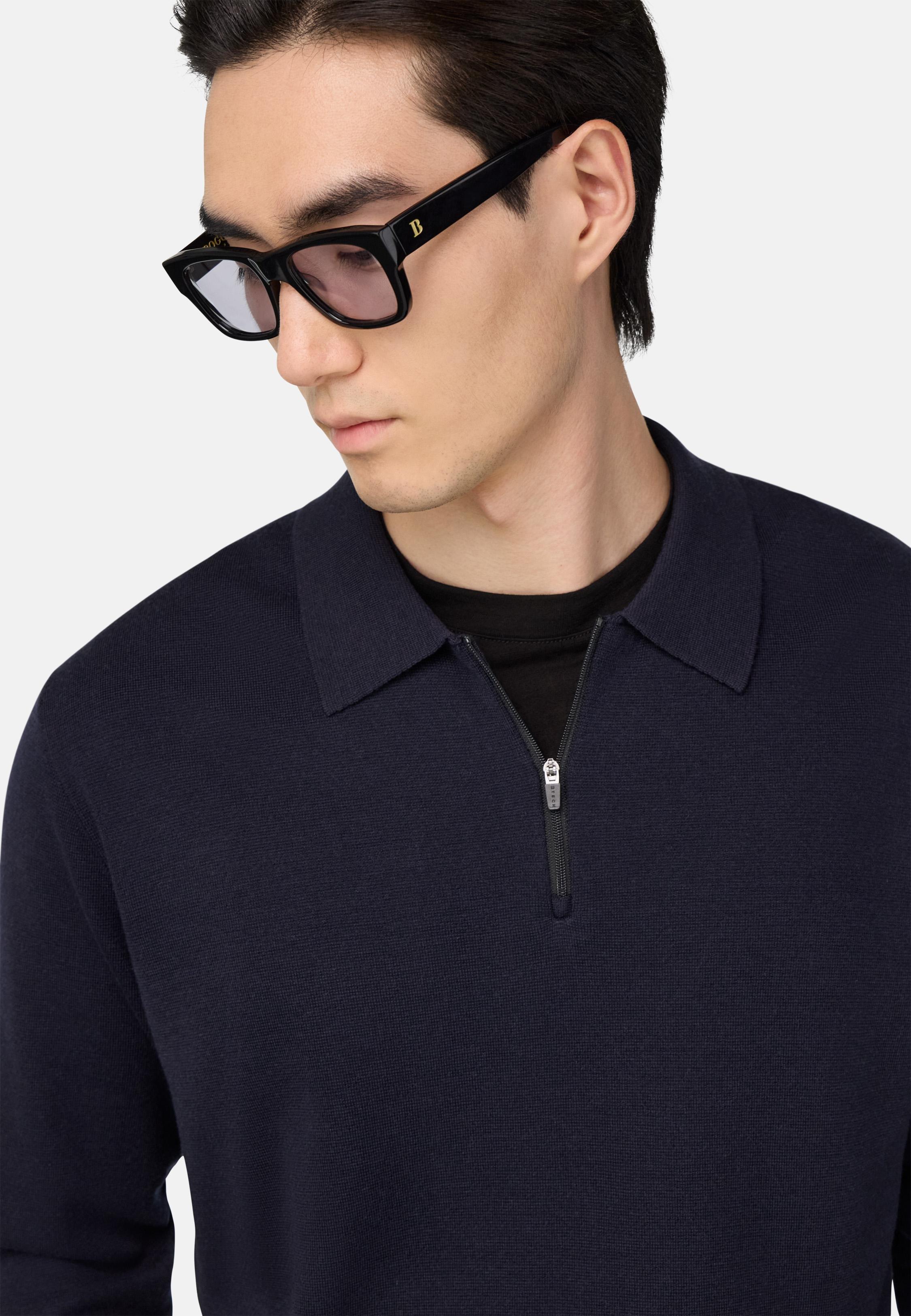 Knitted Polo Shirt in Superfine Merino Wool Blue, Navy blue, medium