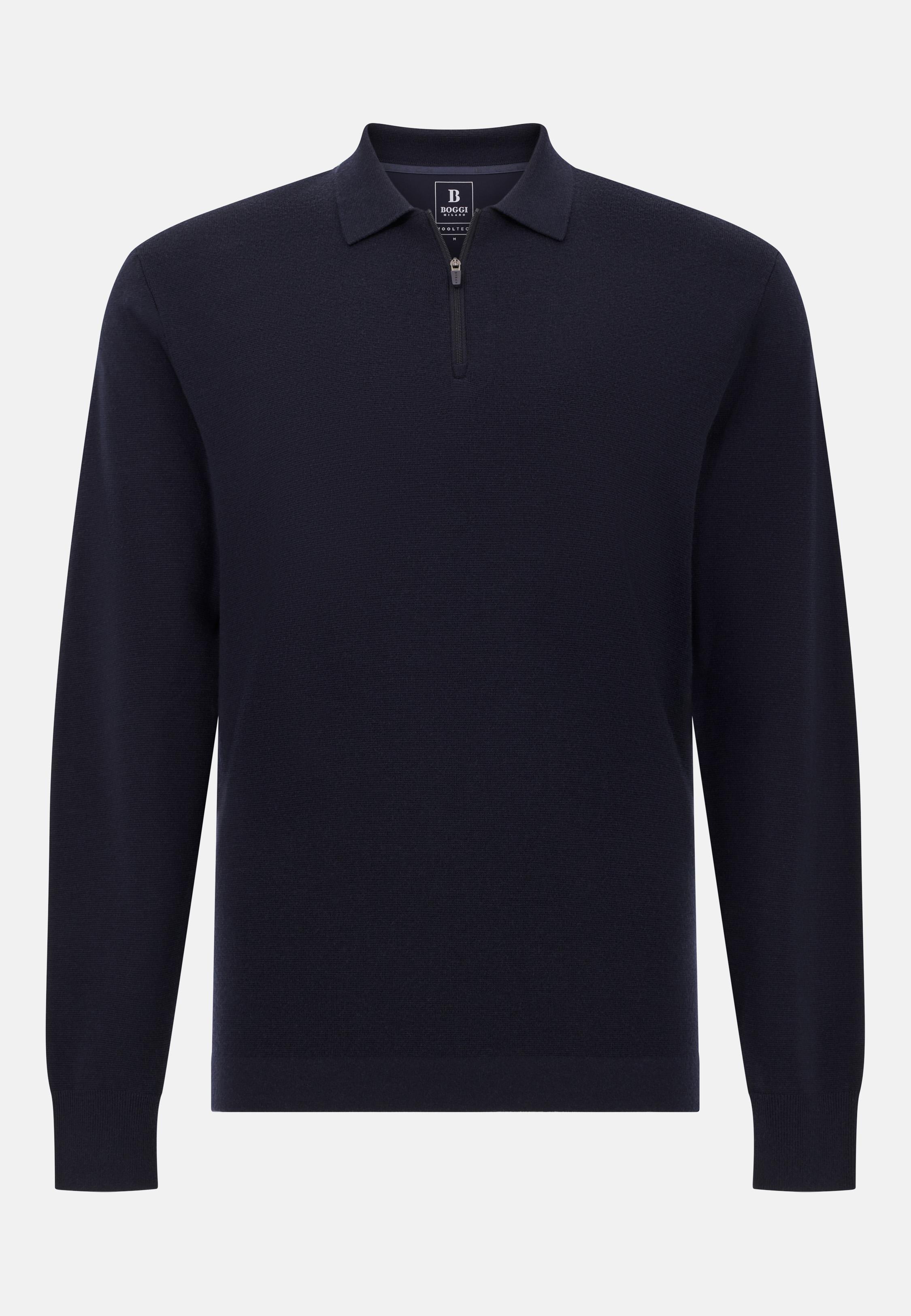 Knitted Polo Shirt in Superfine Merino Wool Blue, Navy blue, large image number 3