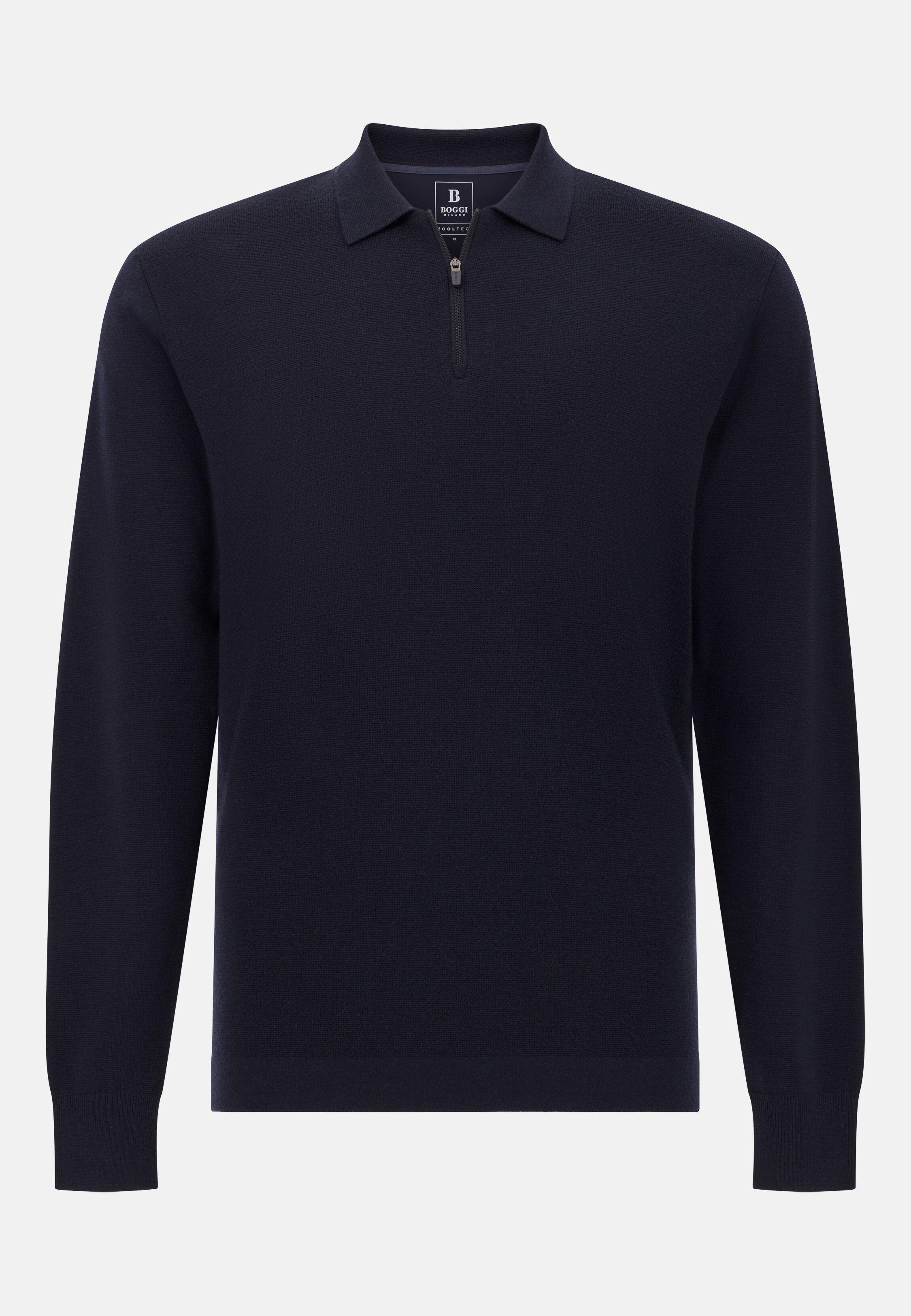Knitted Polo Shirt in Superfine Merino Wool Blue, Navy blue, large image number 4