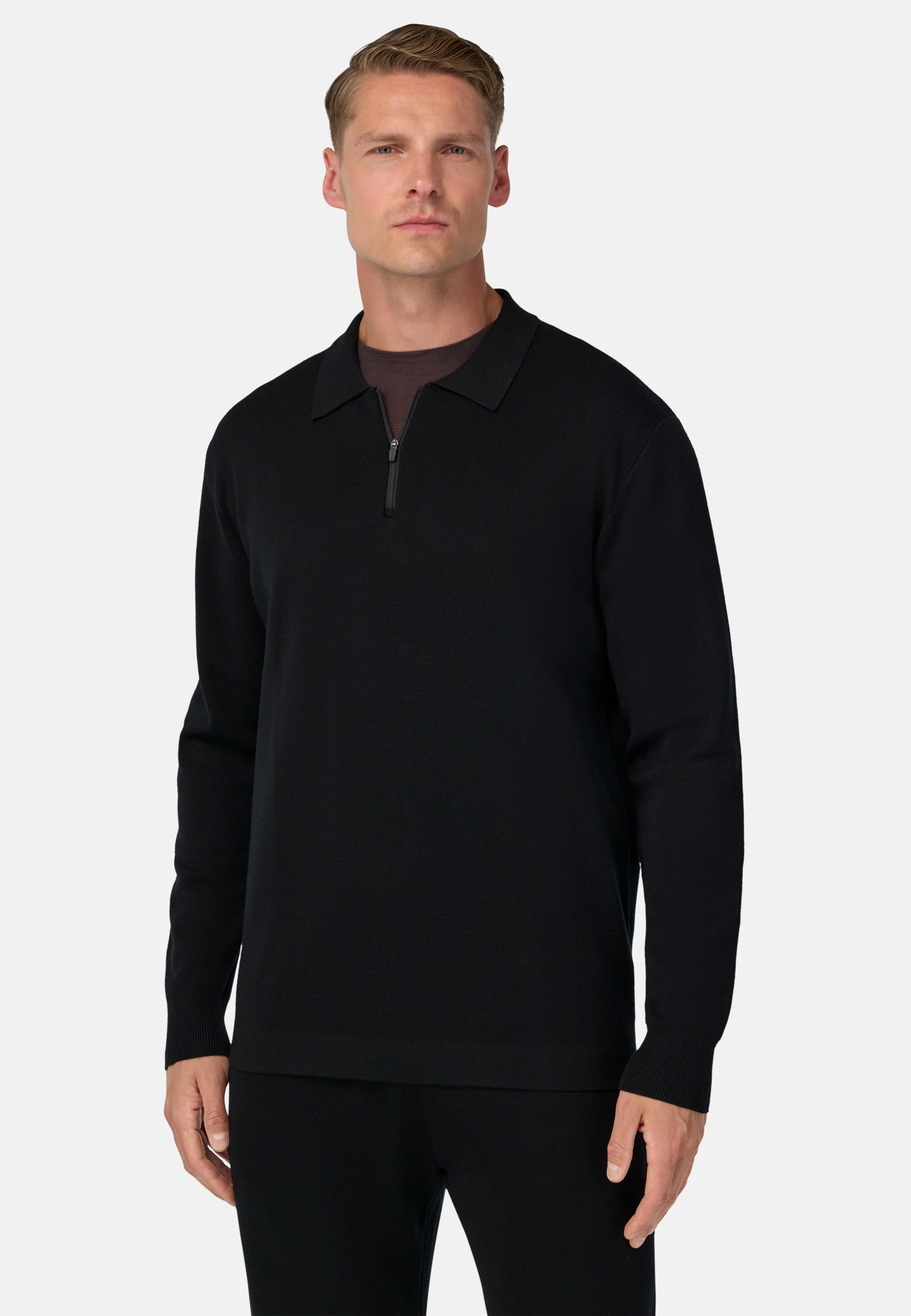 Knitted Polo Shirt in Superfine Merino Wool Black, Black, large