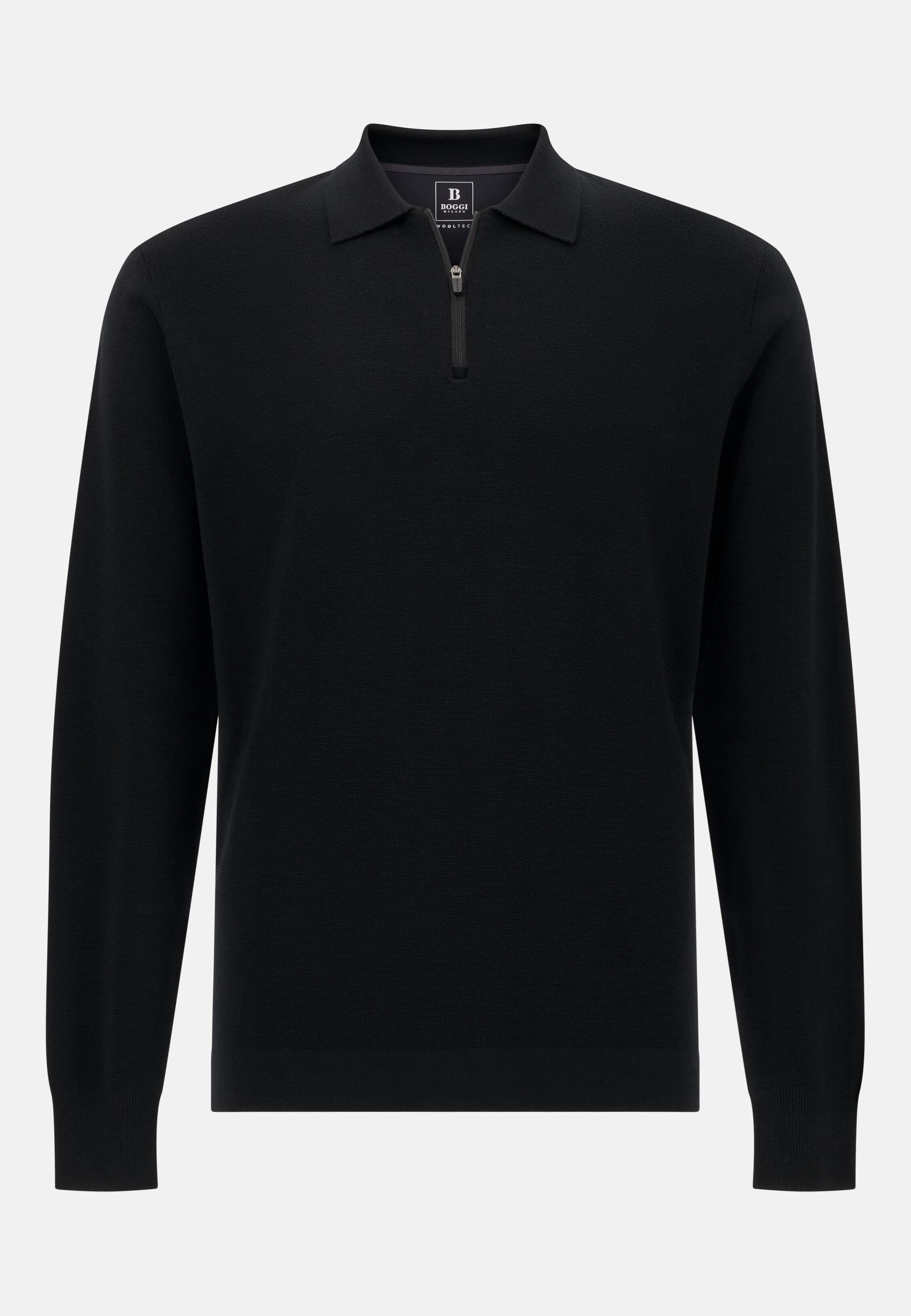 Knitted Polo Shirt in Superfine Merino Wool Black, Black, large image number 3