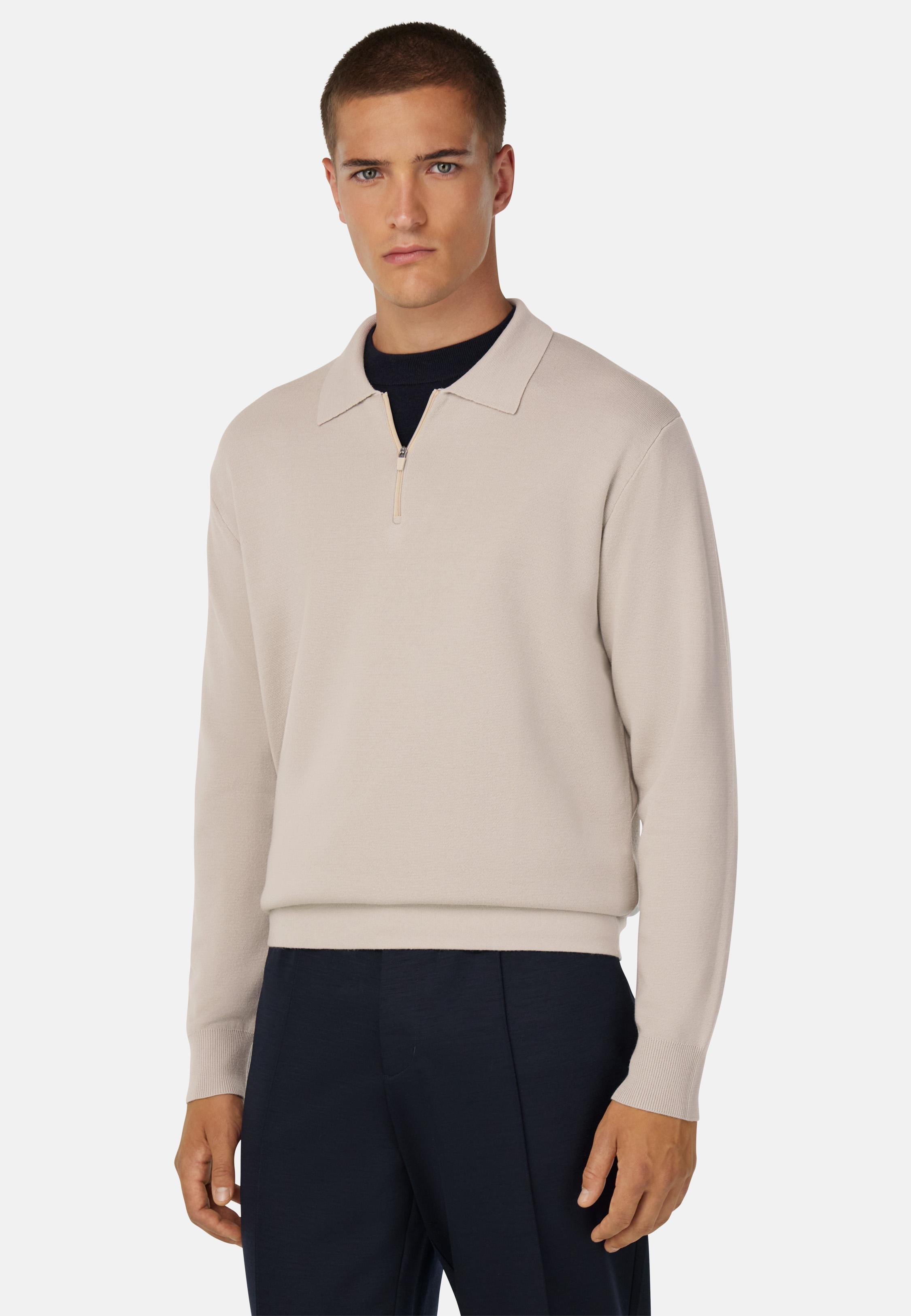 Knitted Polo Shirt in Superfine Merino Wool Beige, Sand, large