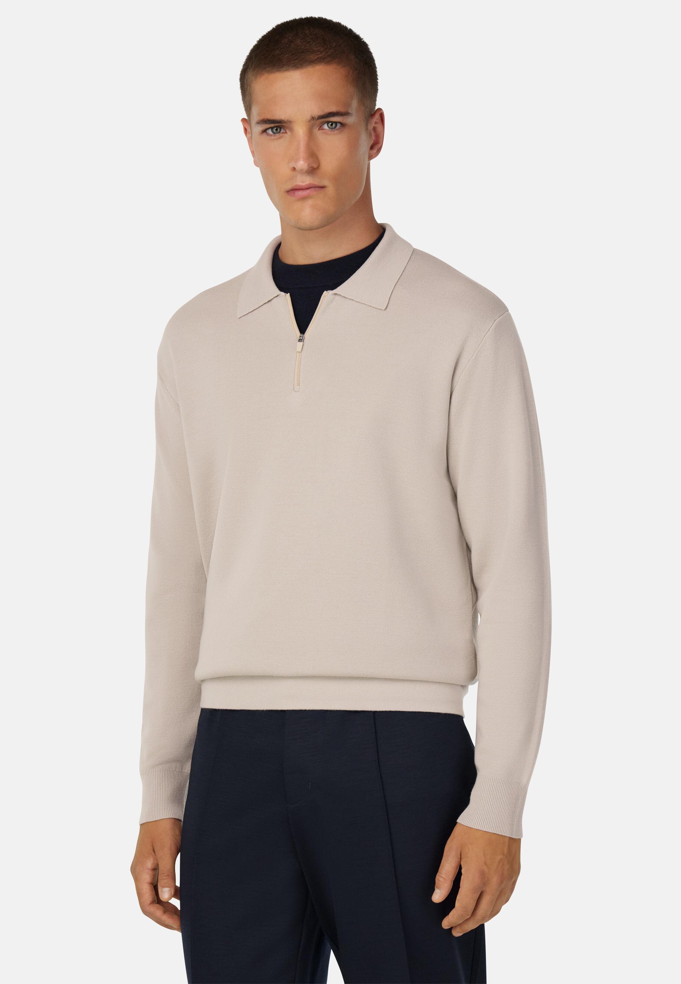 Knitted Polo Shirt in Superfine Merino Wool Beige, 3901_SAND, medium