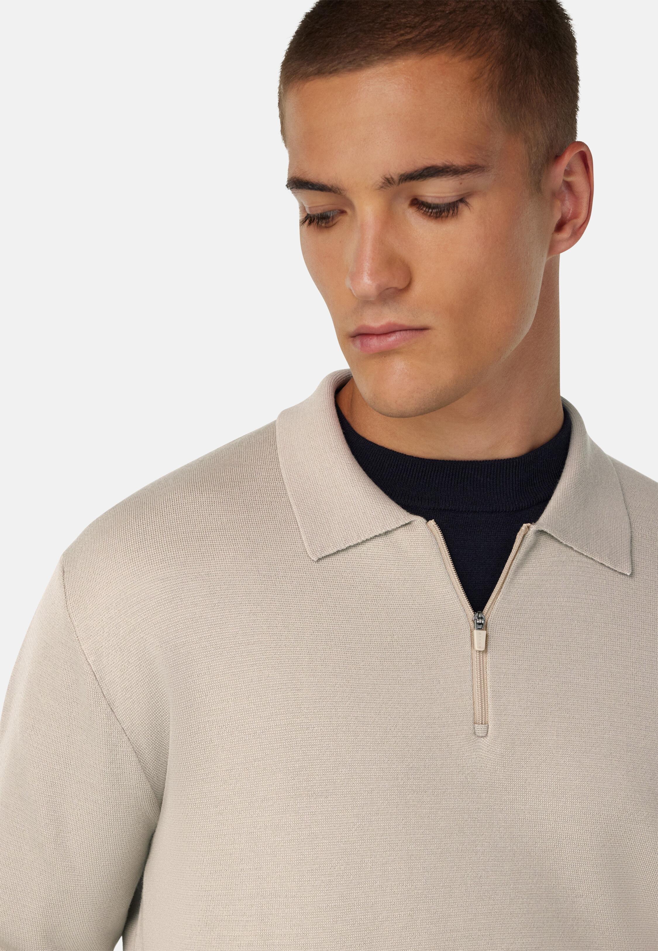 Knitted Polo Shirt in Superfine Merino Wool Beige, 3901_SAND, medium