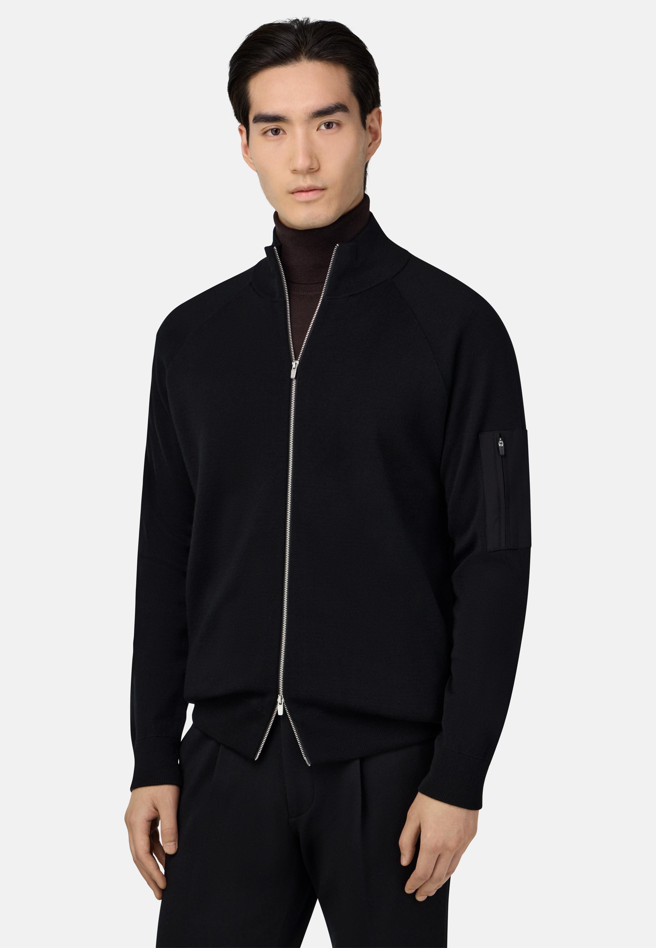 Tech Bomber Jacket in Merino Wool Black, Black, medium
