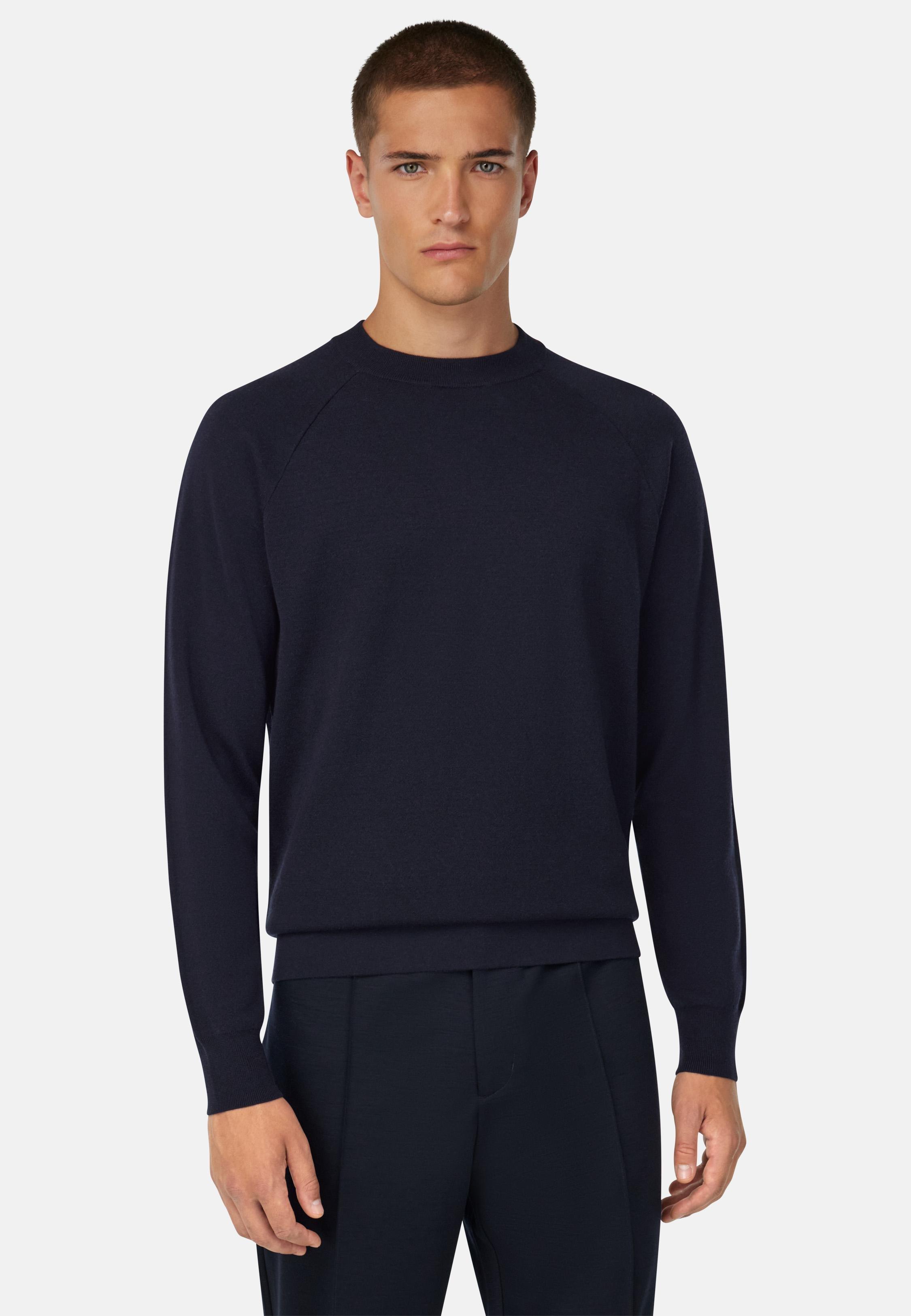 Crew Neck Jumper in Superfine Wool Blue, Navy blue, medium