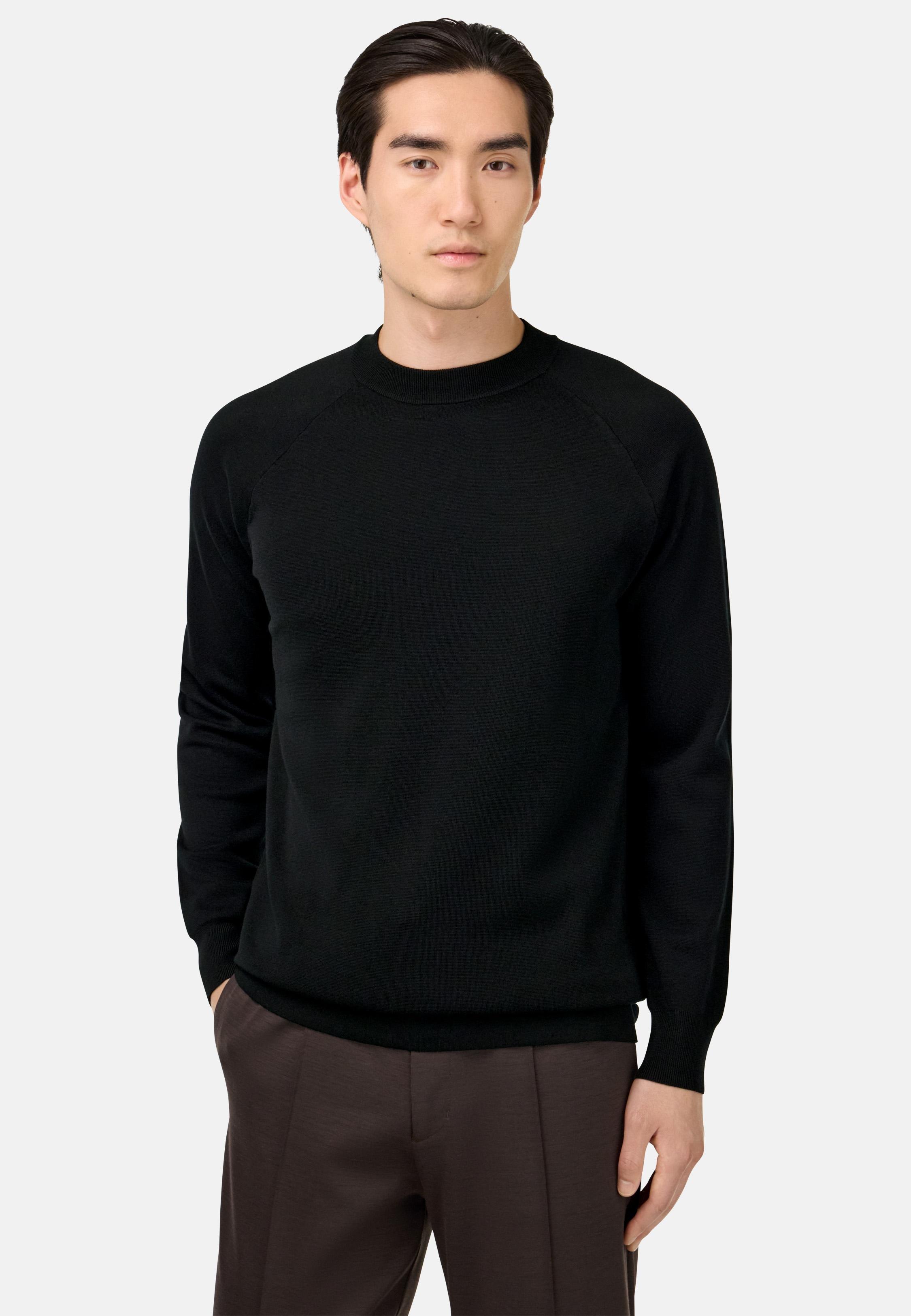 Crew Neck Jumper in Superfine Wool Black, Black, medium